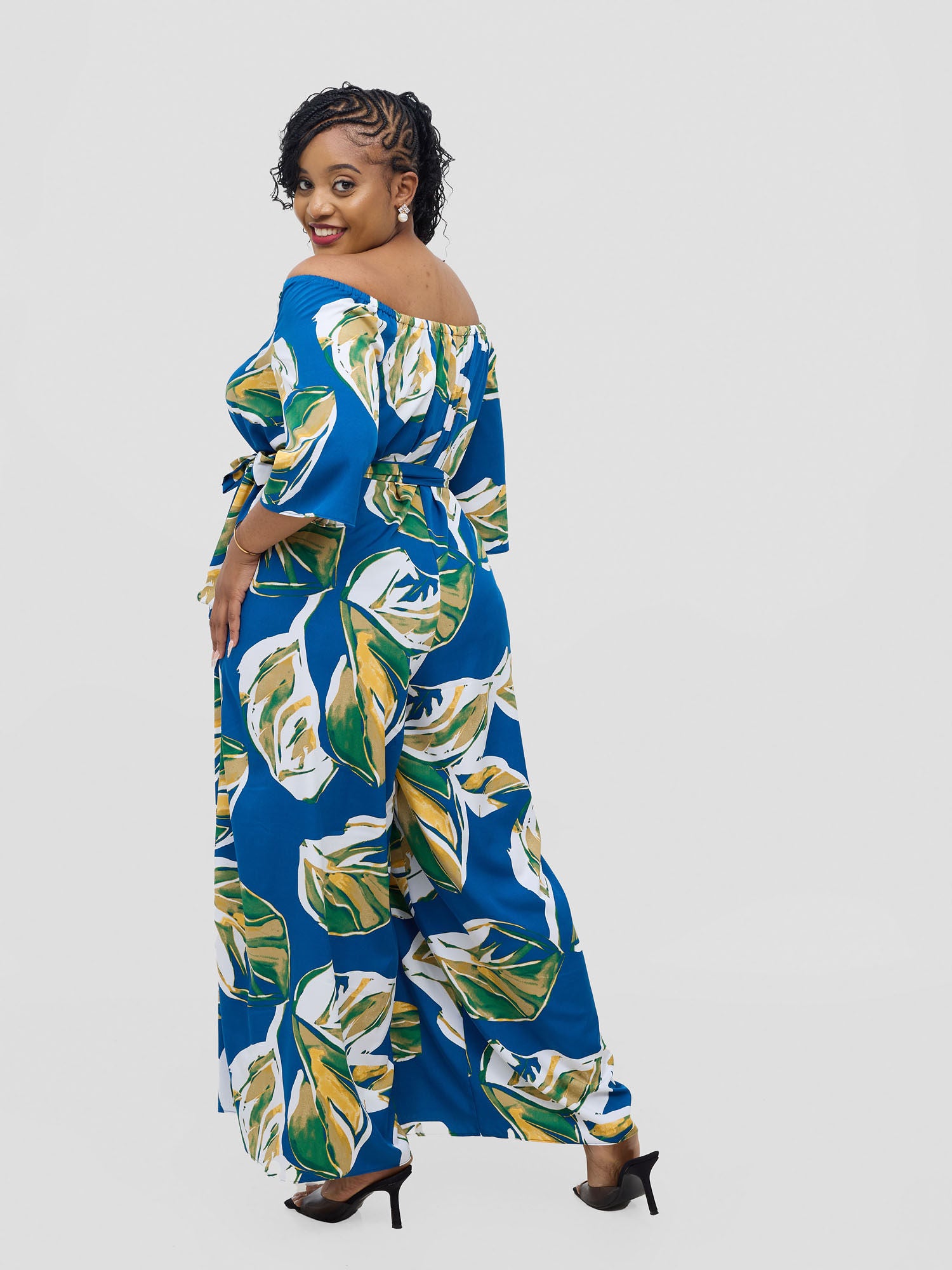 Vivo Zahari 3/4 Sleeve Off-Shoulder Jumpsuit - Royal Blue Ari Print