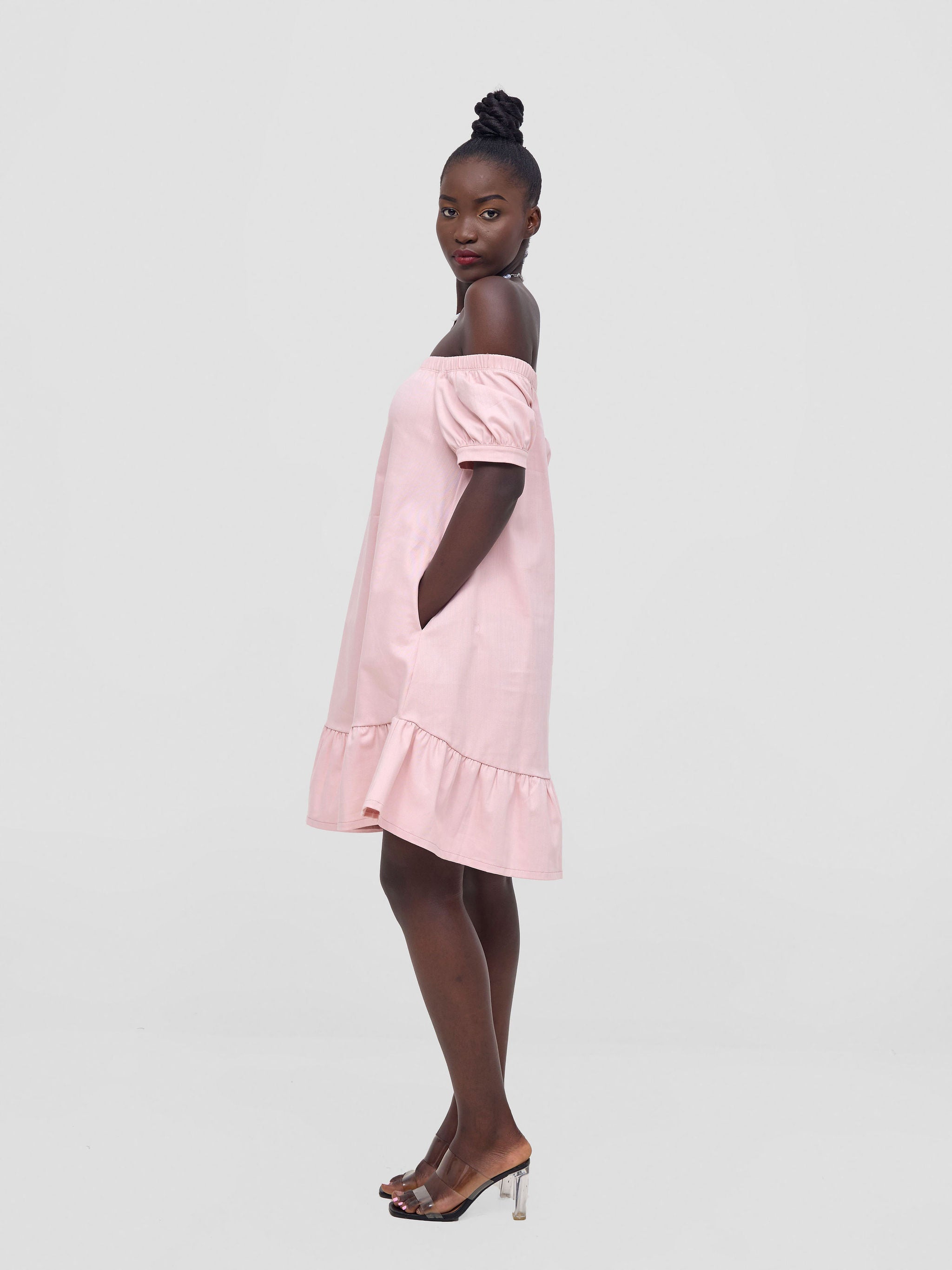 Zoya Nia Off Shoulder Knee Length Dress - Light Pink