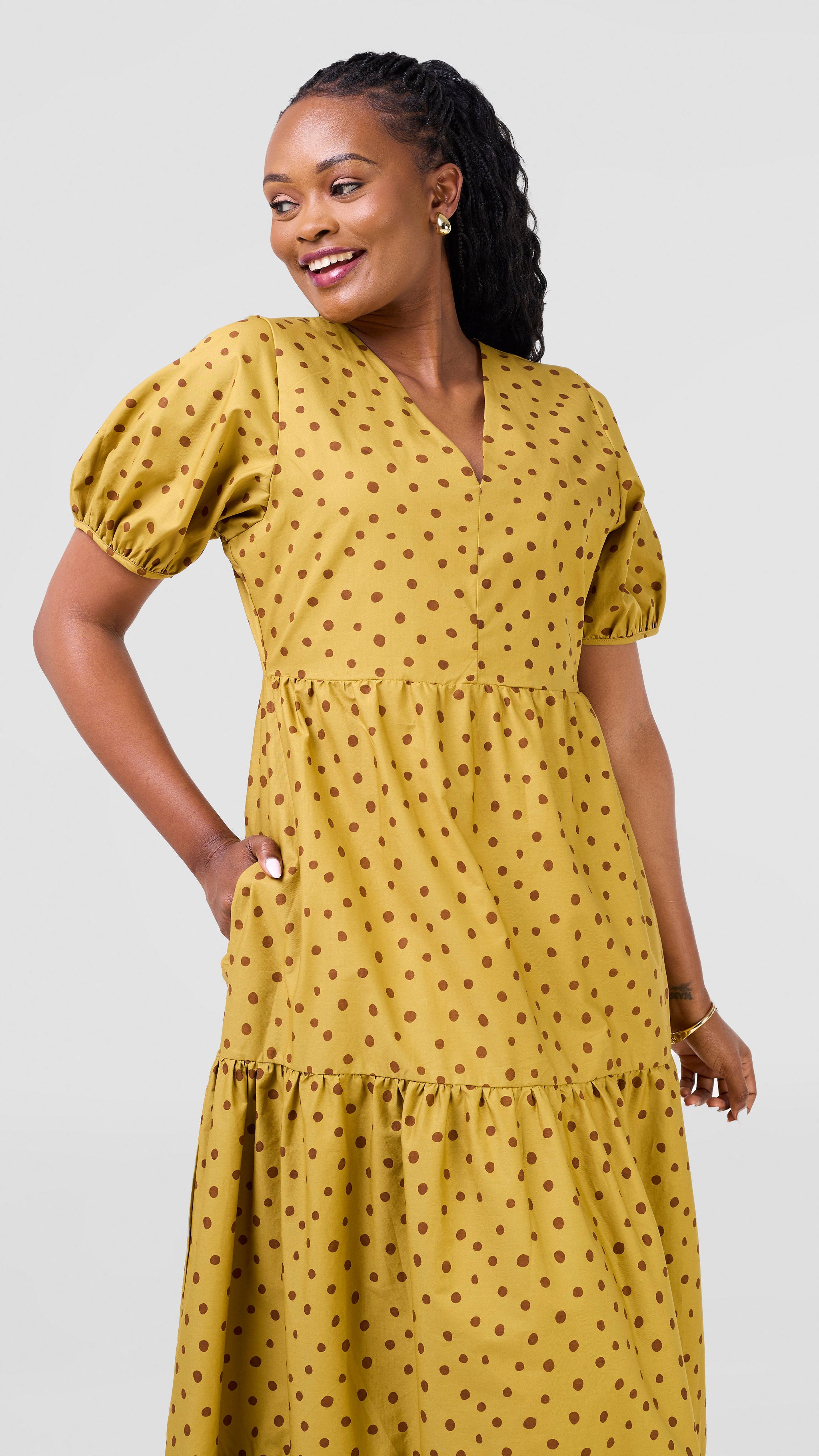 Safari Nazari Three Tiered Maxi Dress - Mustard / Brown Polka Dot Print