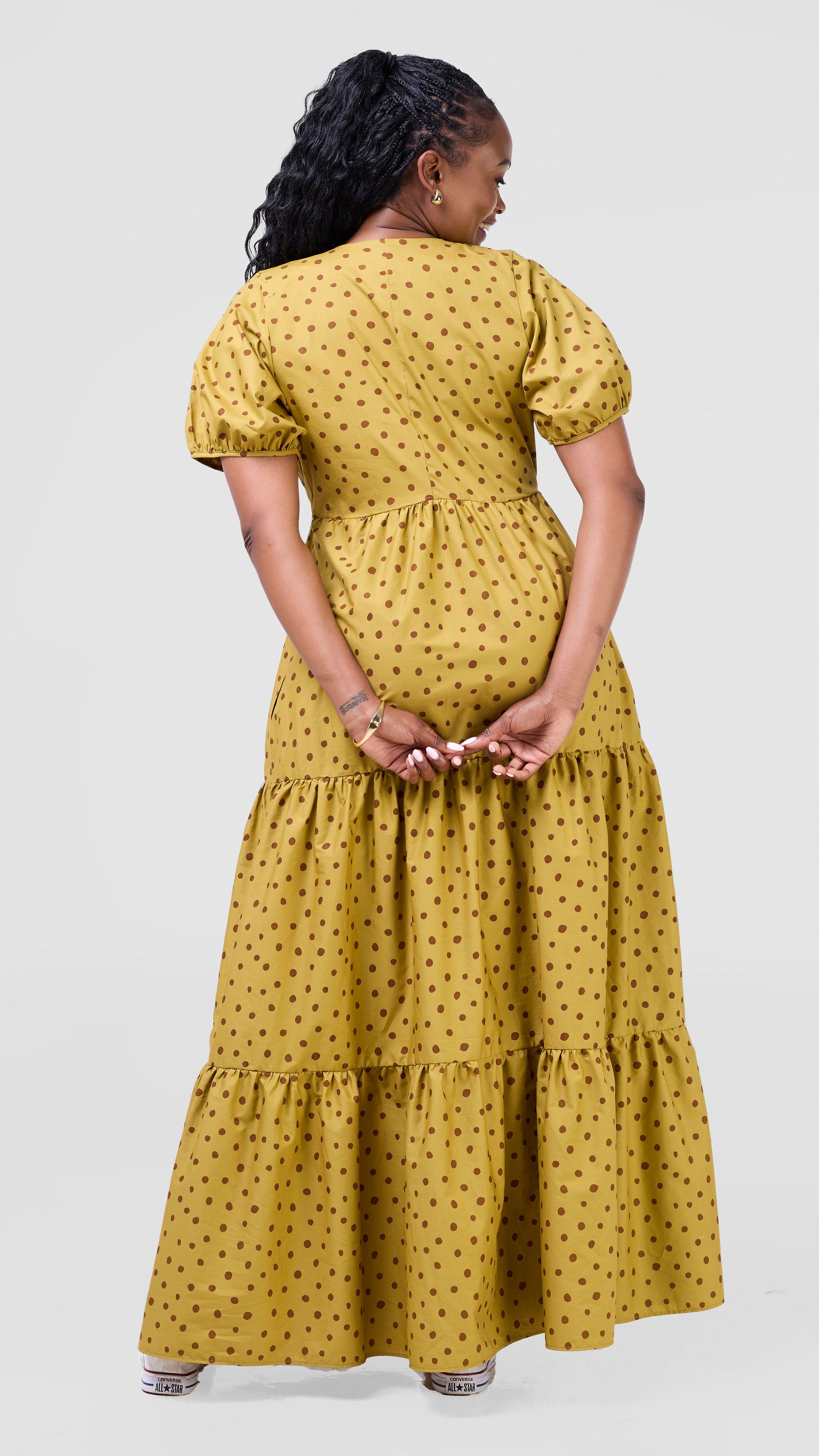 Safari Nazari Three Tiered Maxi Dress - Mustard / Brown Polka Dot Print