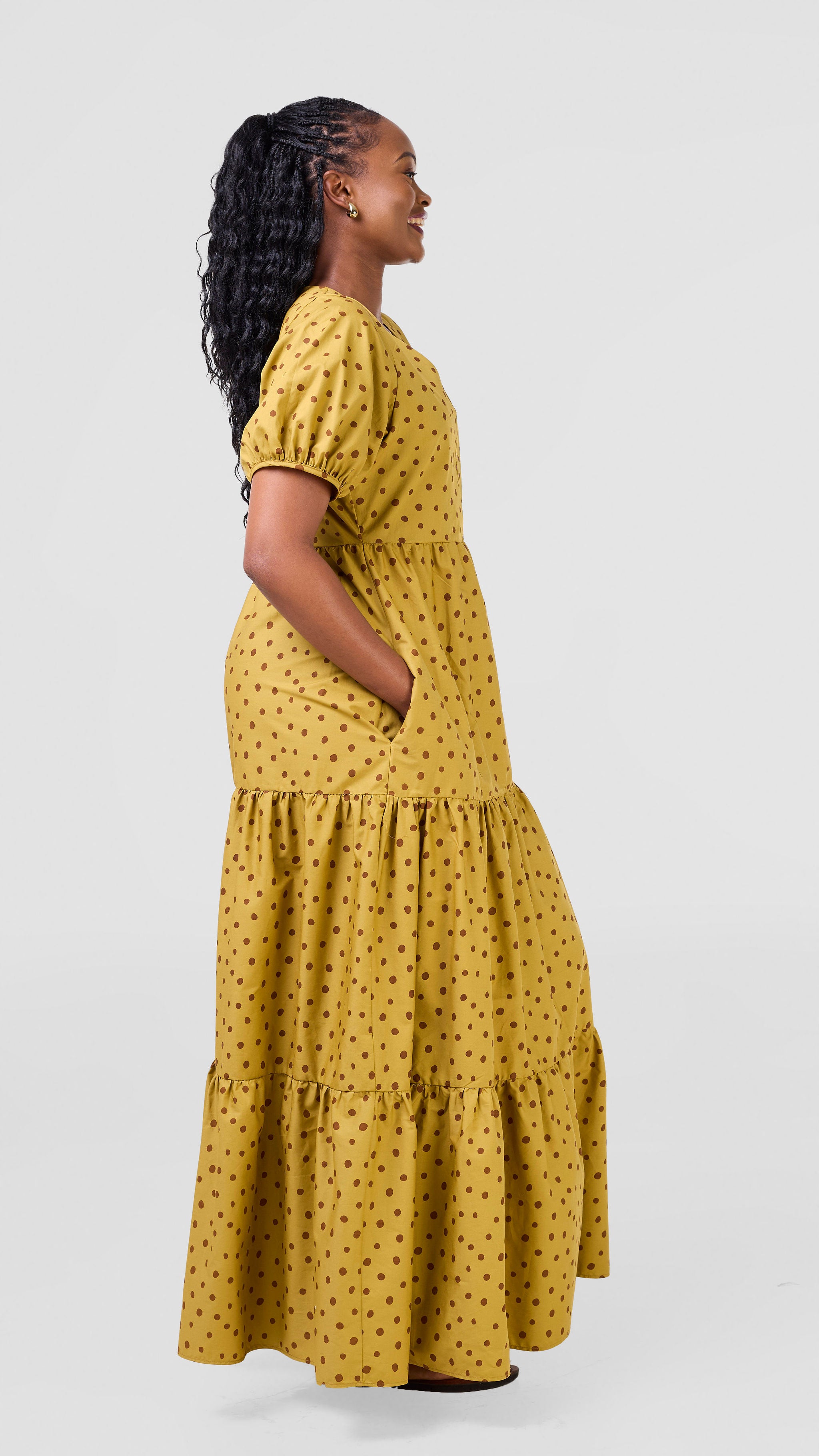 Safari Nazari Three Tiered Maxi Dress - Mustard / Brown Polka Dot Print