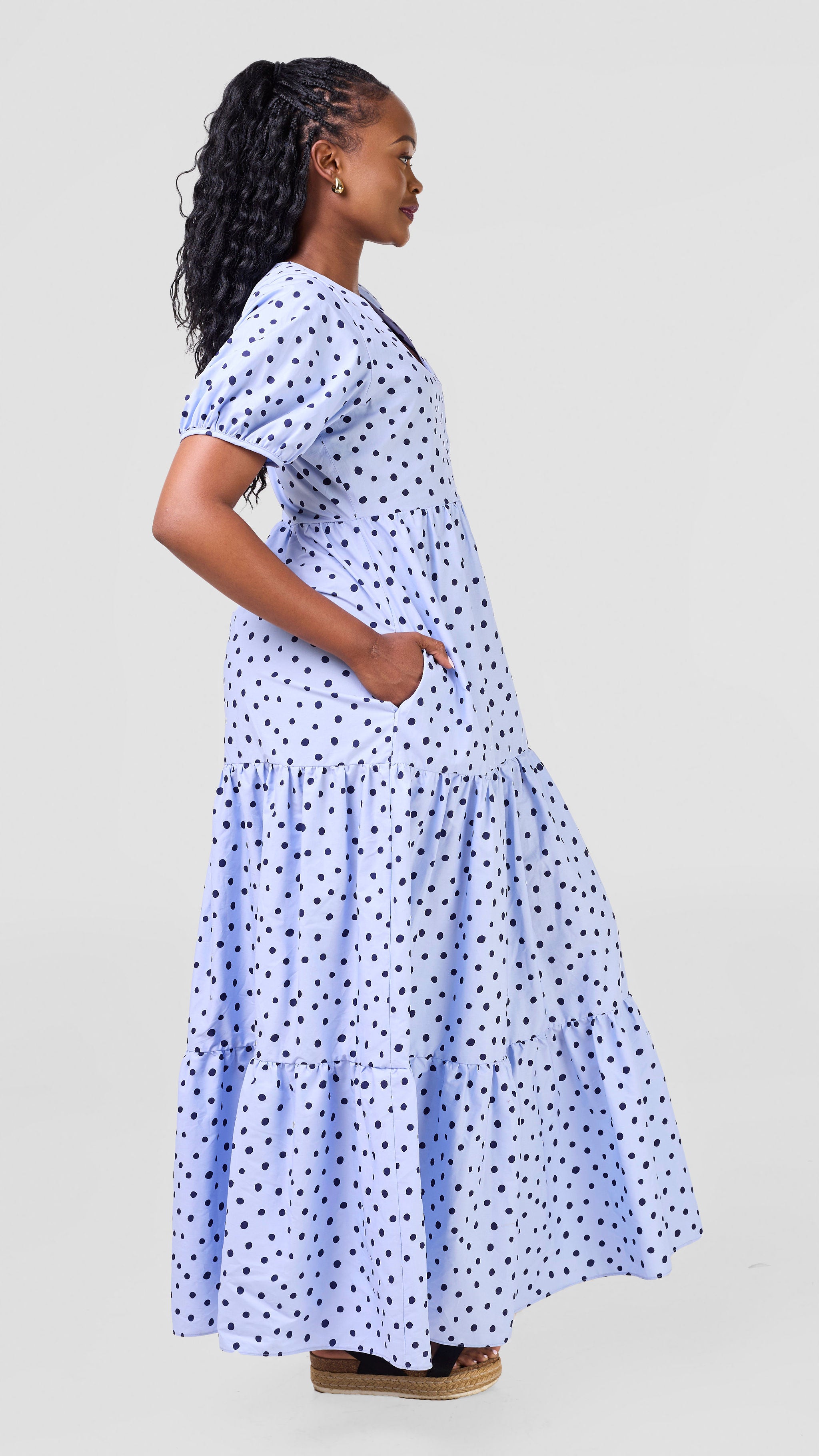 Safari Nazari Three Tiered Maxi Dress - Blue / Navy Polka Dot Print