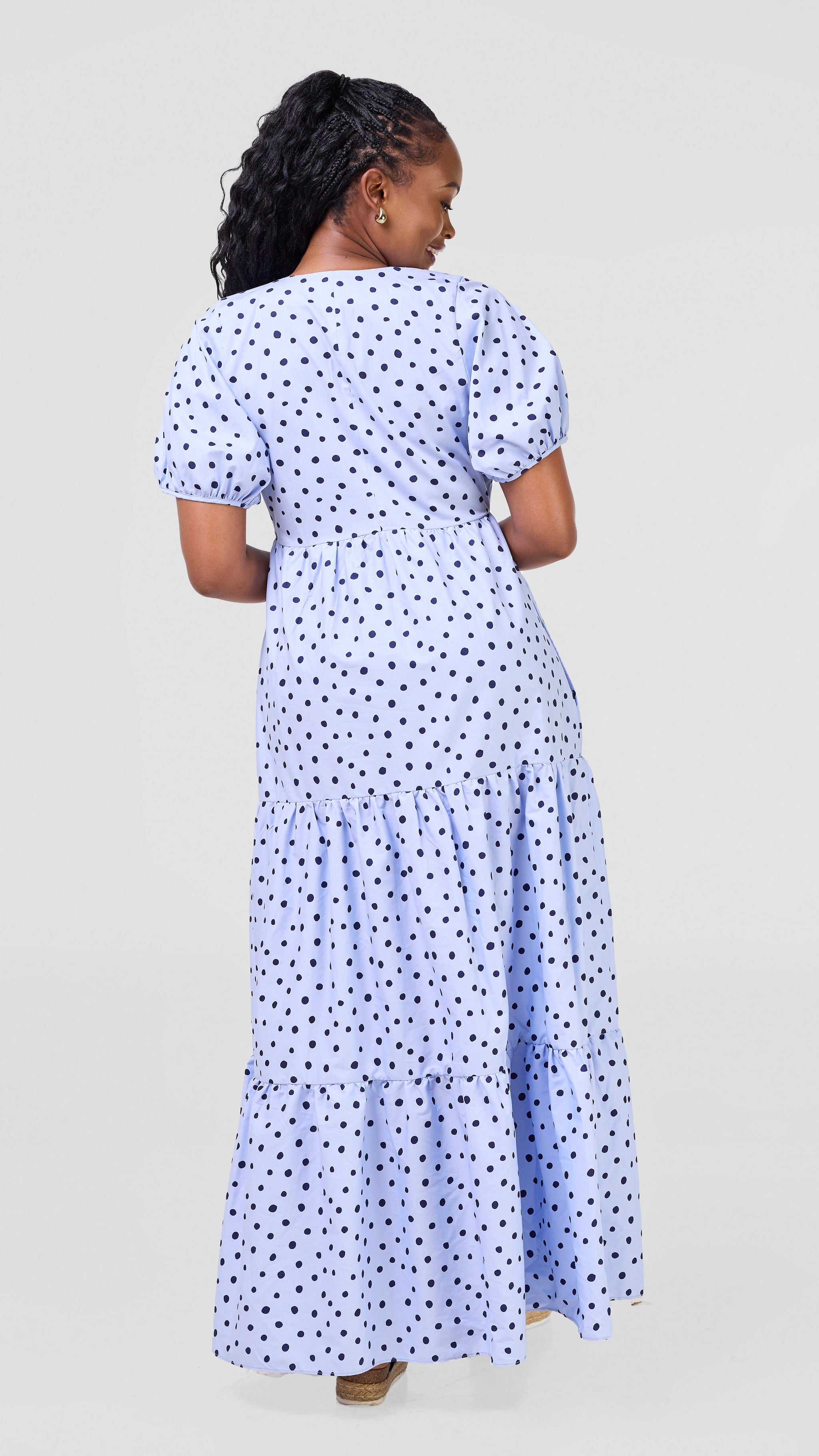 Safari Nazari Three Tiered Maxi Dress - Blue / Navy Polka Dot Print