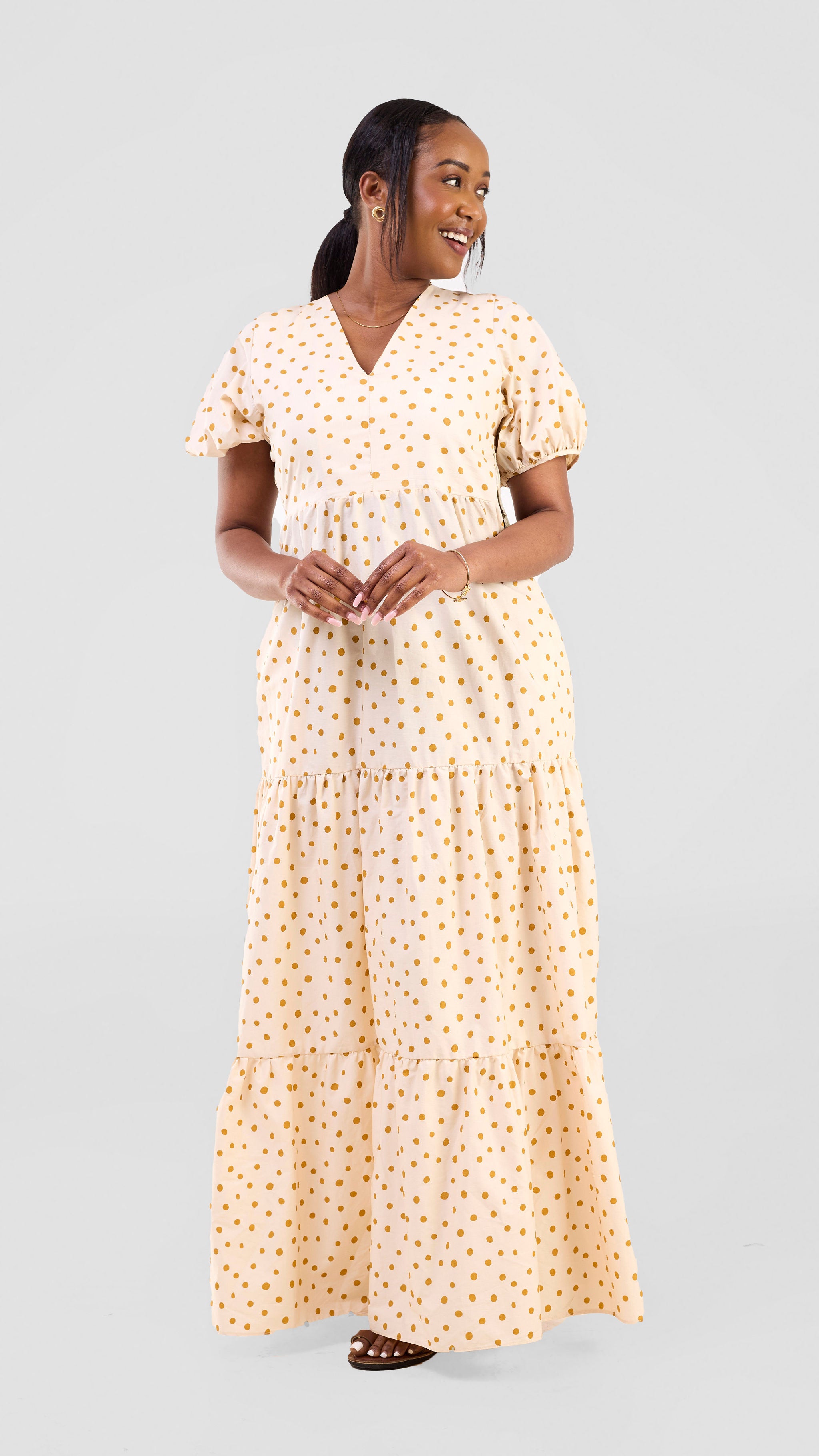 Safari Nazari Three Tiered Maxi Dress - Beige / Mustard Polka Dot Print