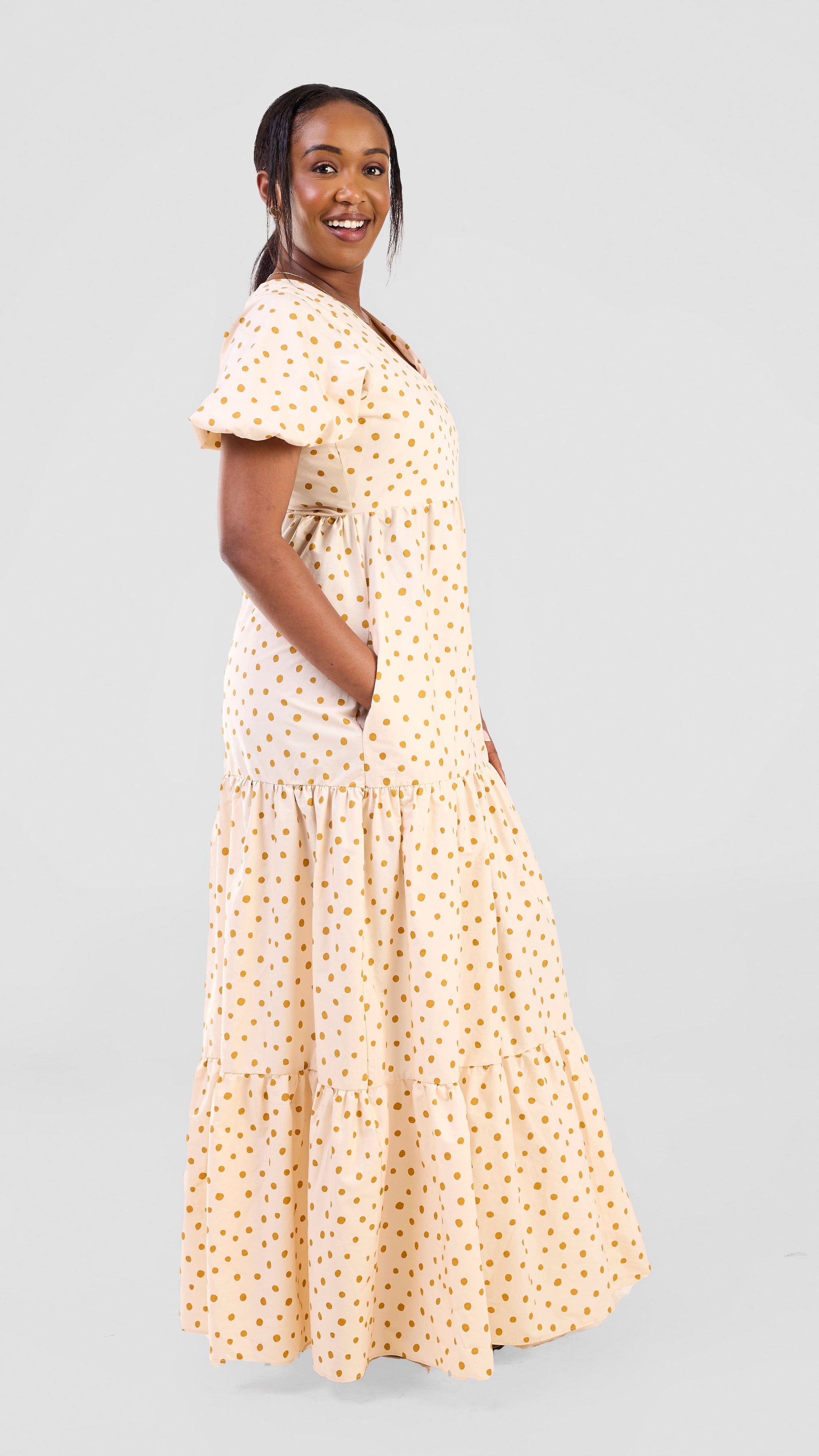 Safari Nazari Three Tiered Maxi Dress - Beige / Mustard Polka Dot Print