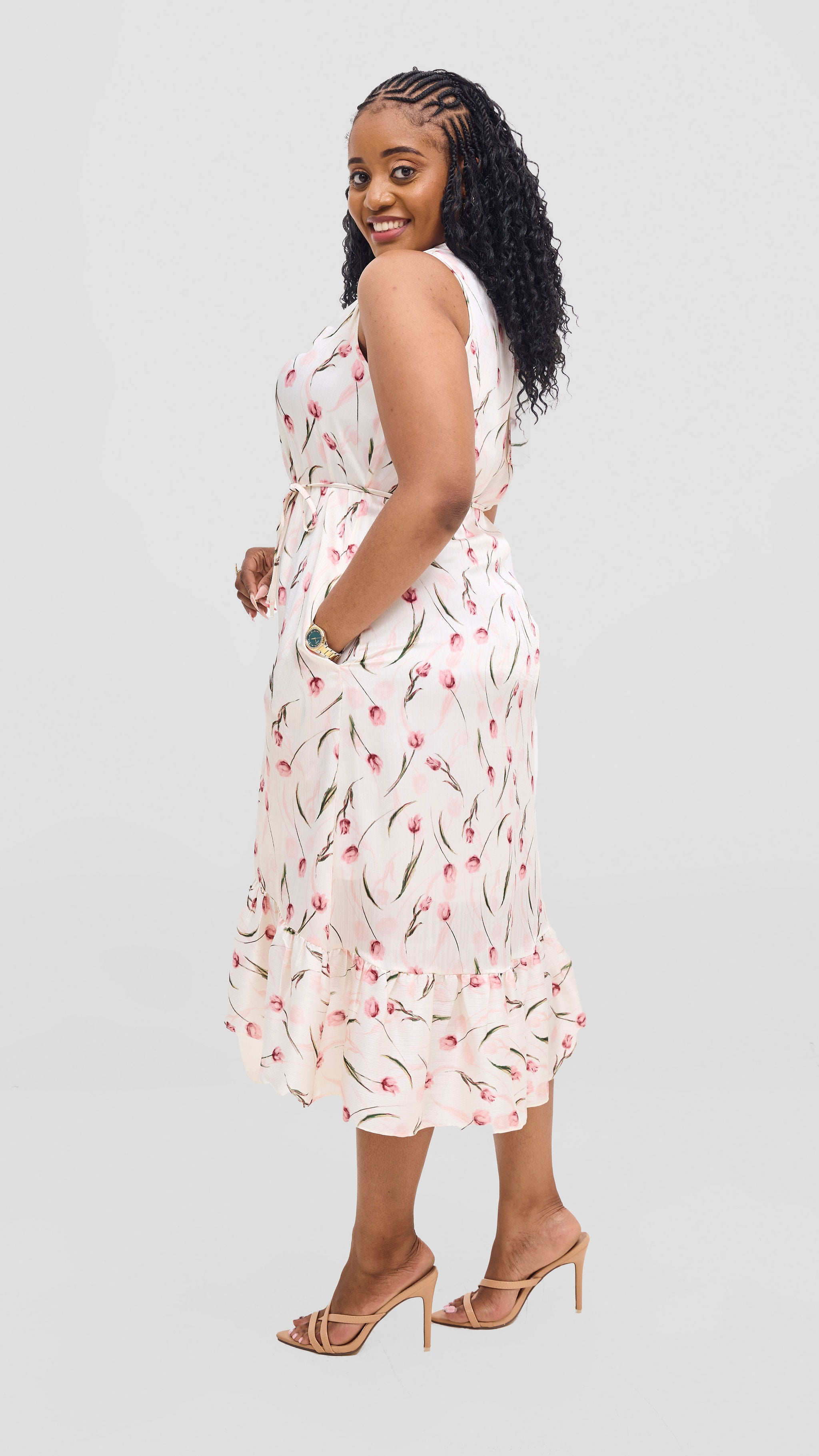 Vivo Samira Midi Dress - Off White / Pink Print