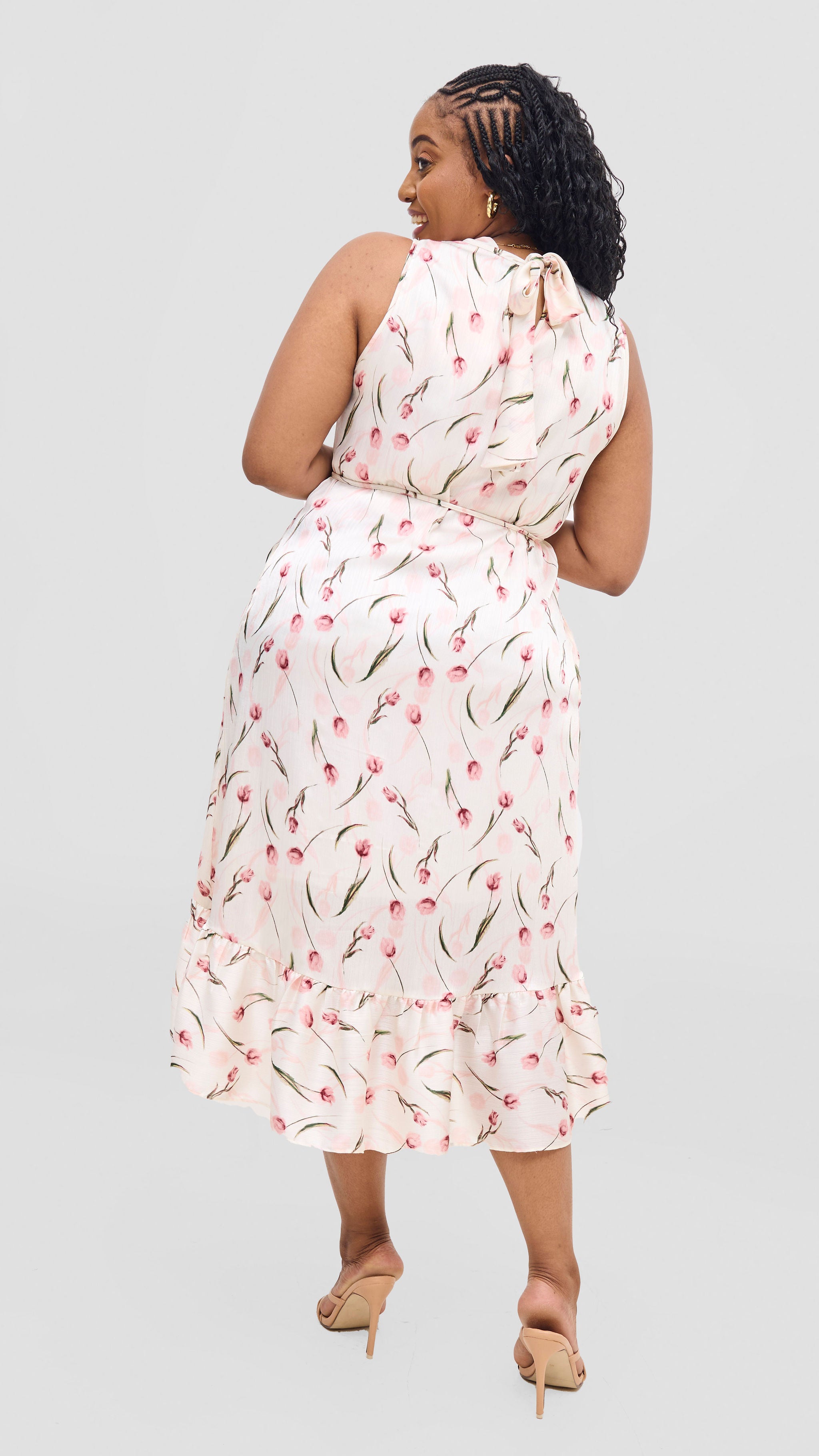 Vivo Samira Midi Dress - Off White / Pink Print