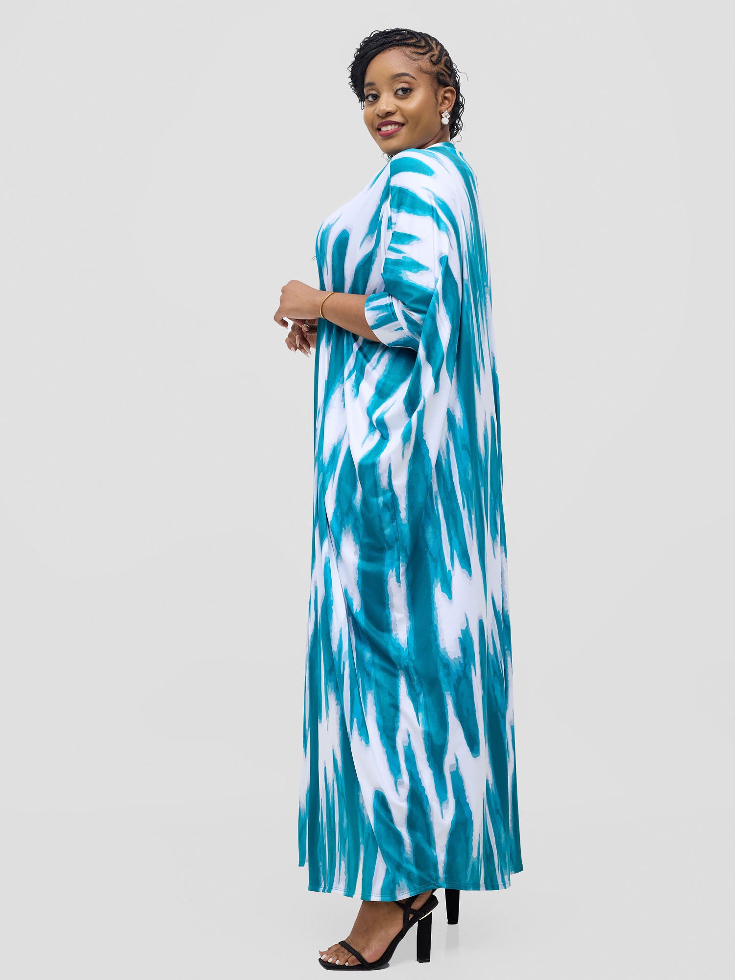 Vivo Nkasi  Maxi Kimono - White / Teal Shibori Print