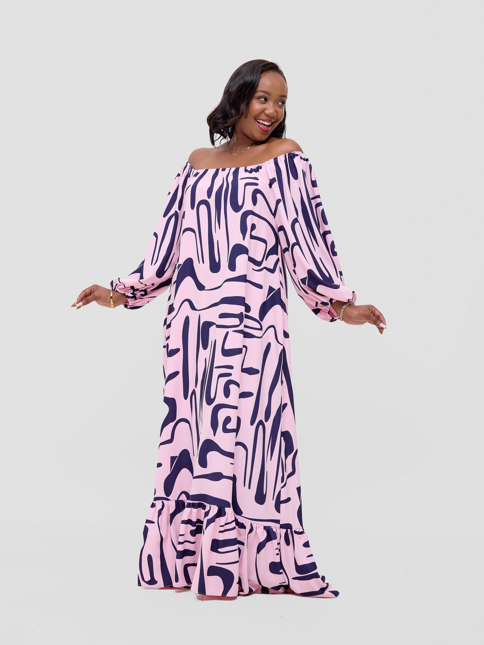 Vivo Serwa Square Neck Maxi Dress - Pink / Navy Sera Print