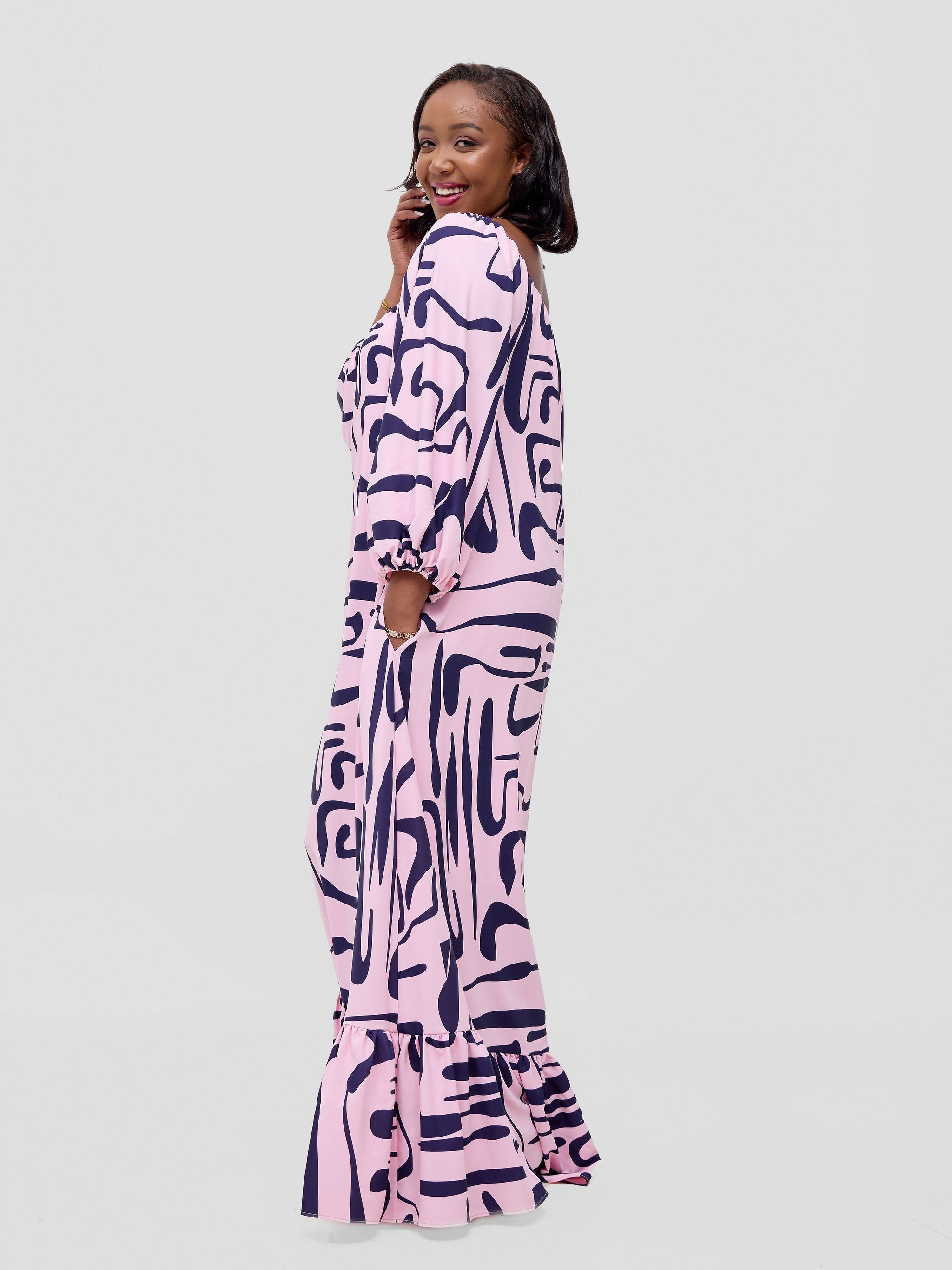 Vivo Serwa Square Neck Maxi Dress - Pink / Navy Sera Print