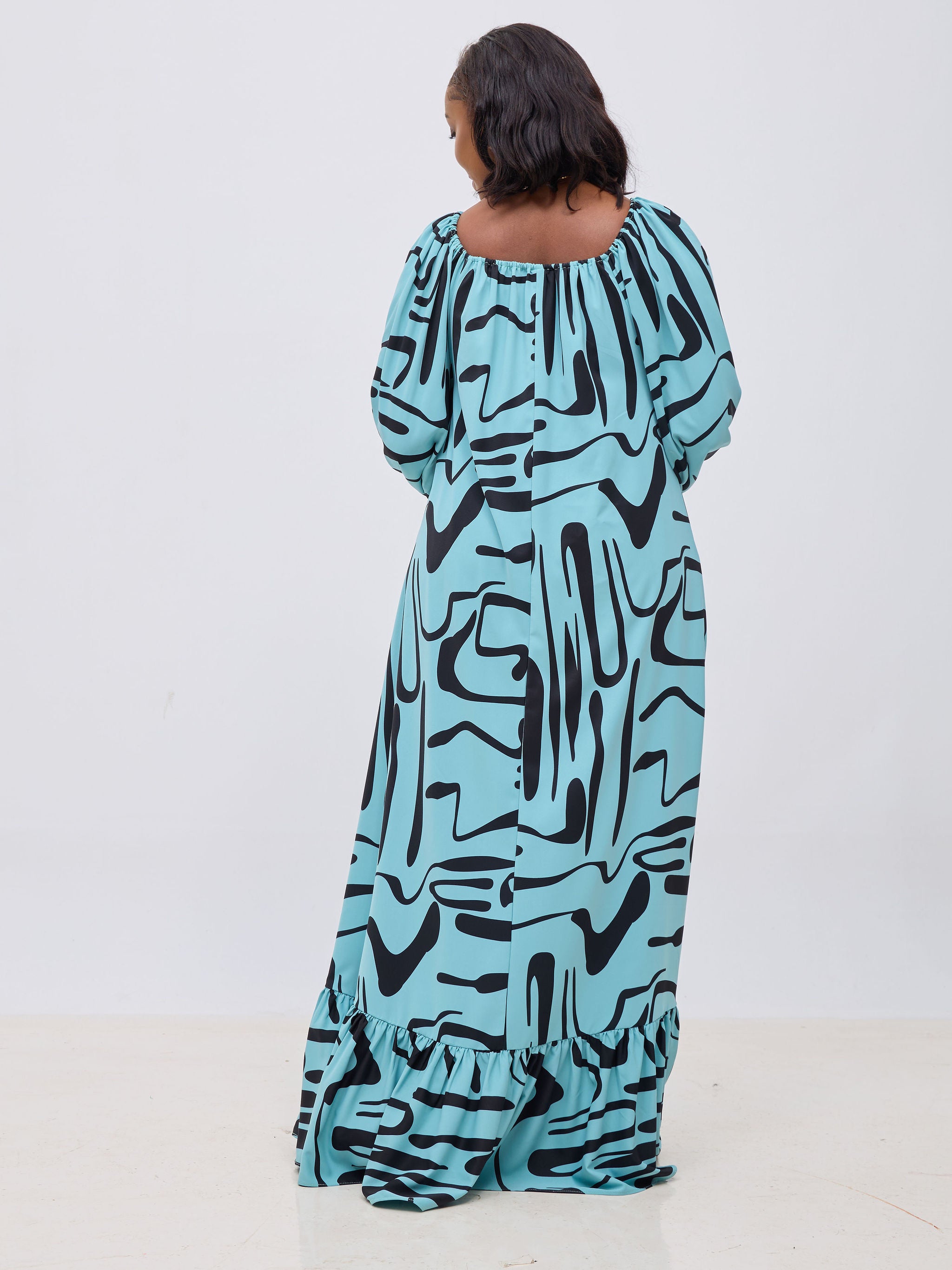 Vivo Serwa Square Neck Maxi Dress - Mint / Black Sera Print