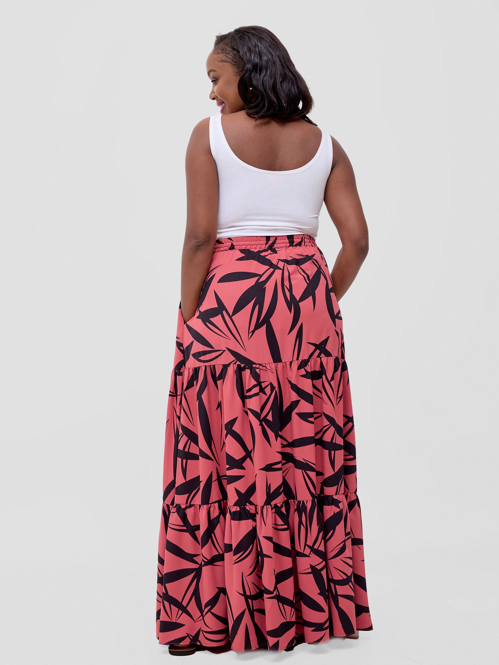 Vivo Serwa Tiered Maxi Skirt - Coral / Black Wera Print