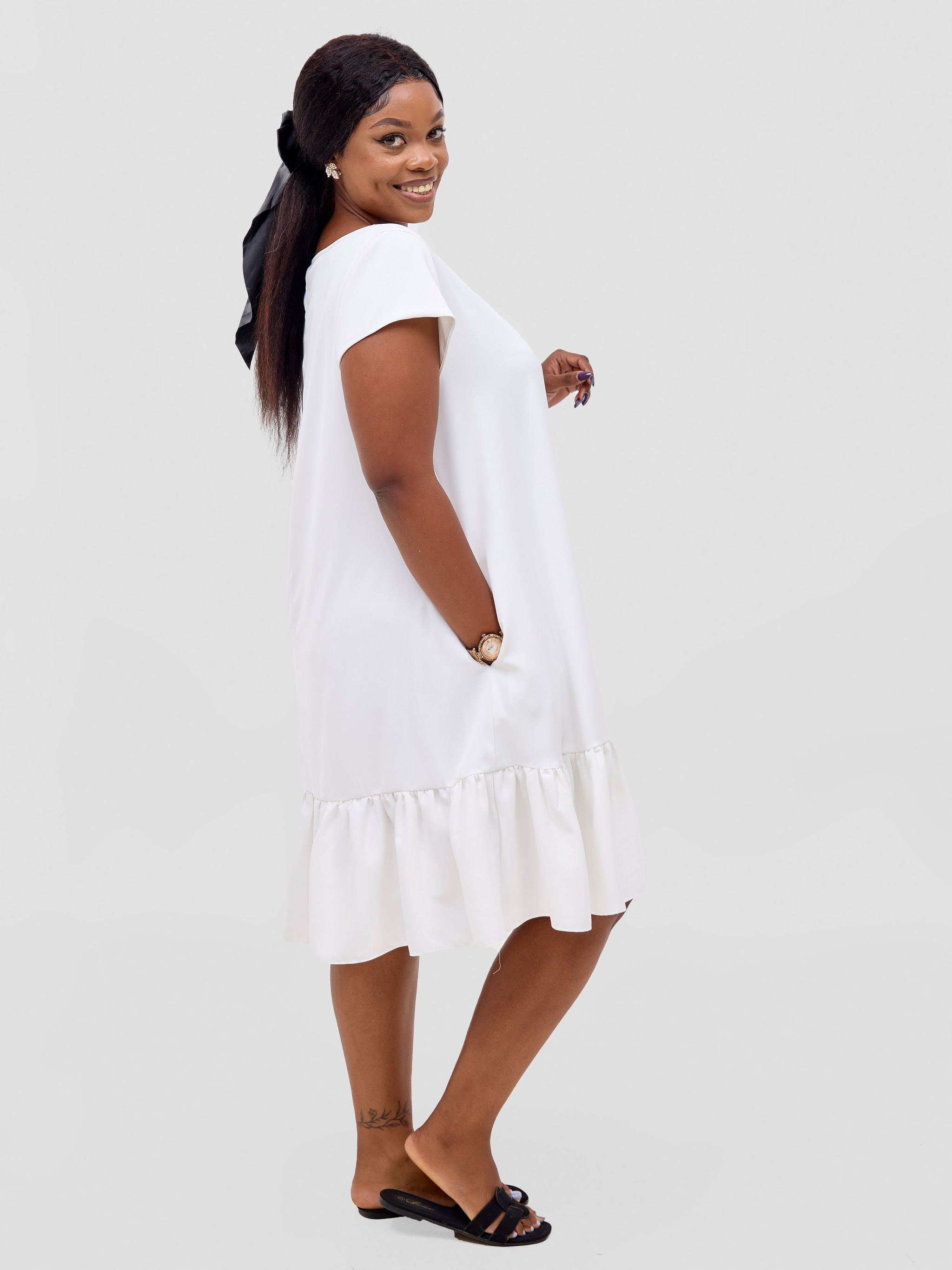 Vivo Dalia Cap Sleeve Gathered Tent Dress - Off White