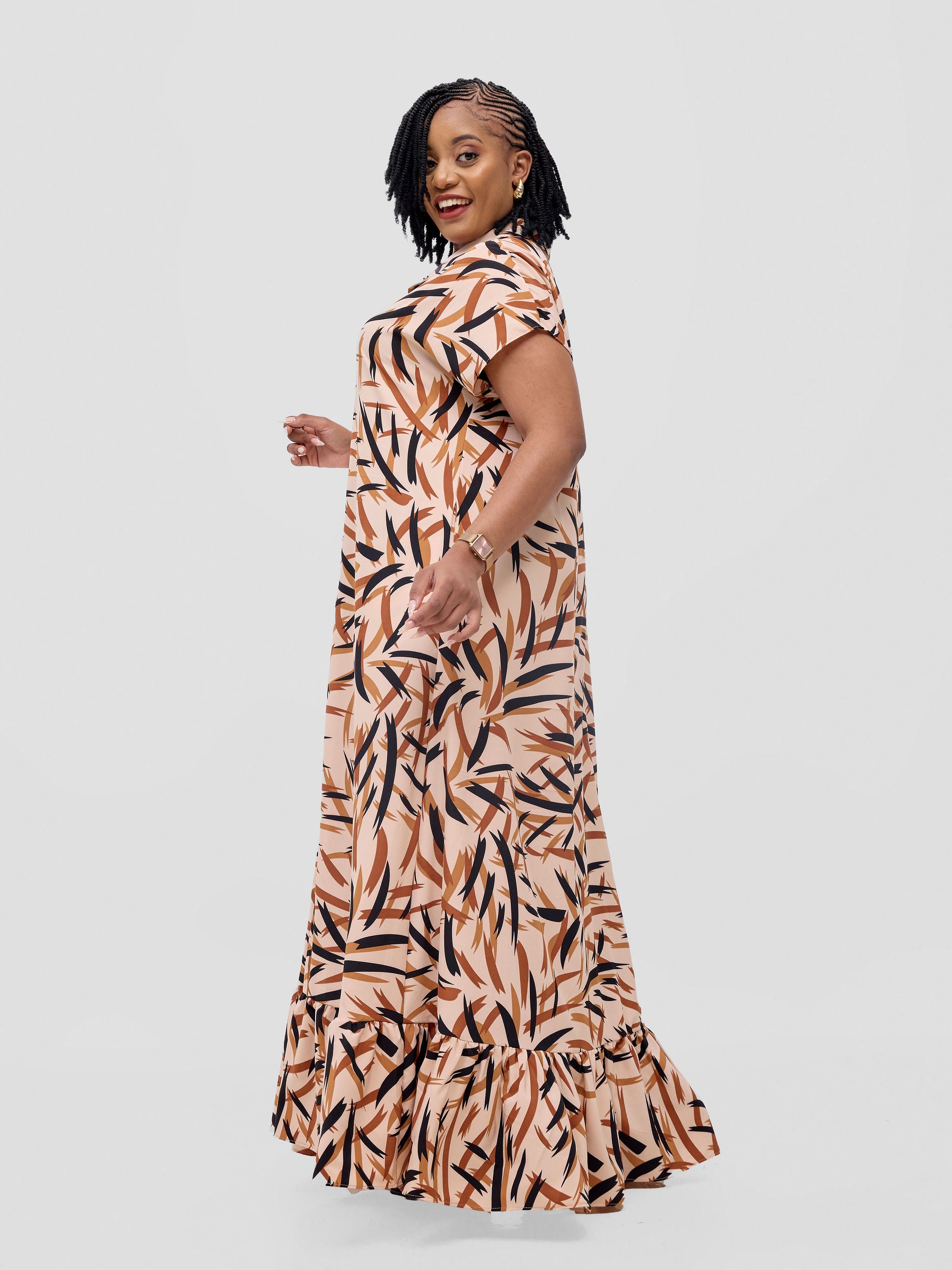Vivo Asha Drop Shoulder Maxi Shirt Dress - Tan / Black Bia Print