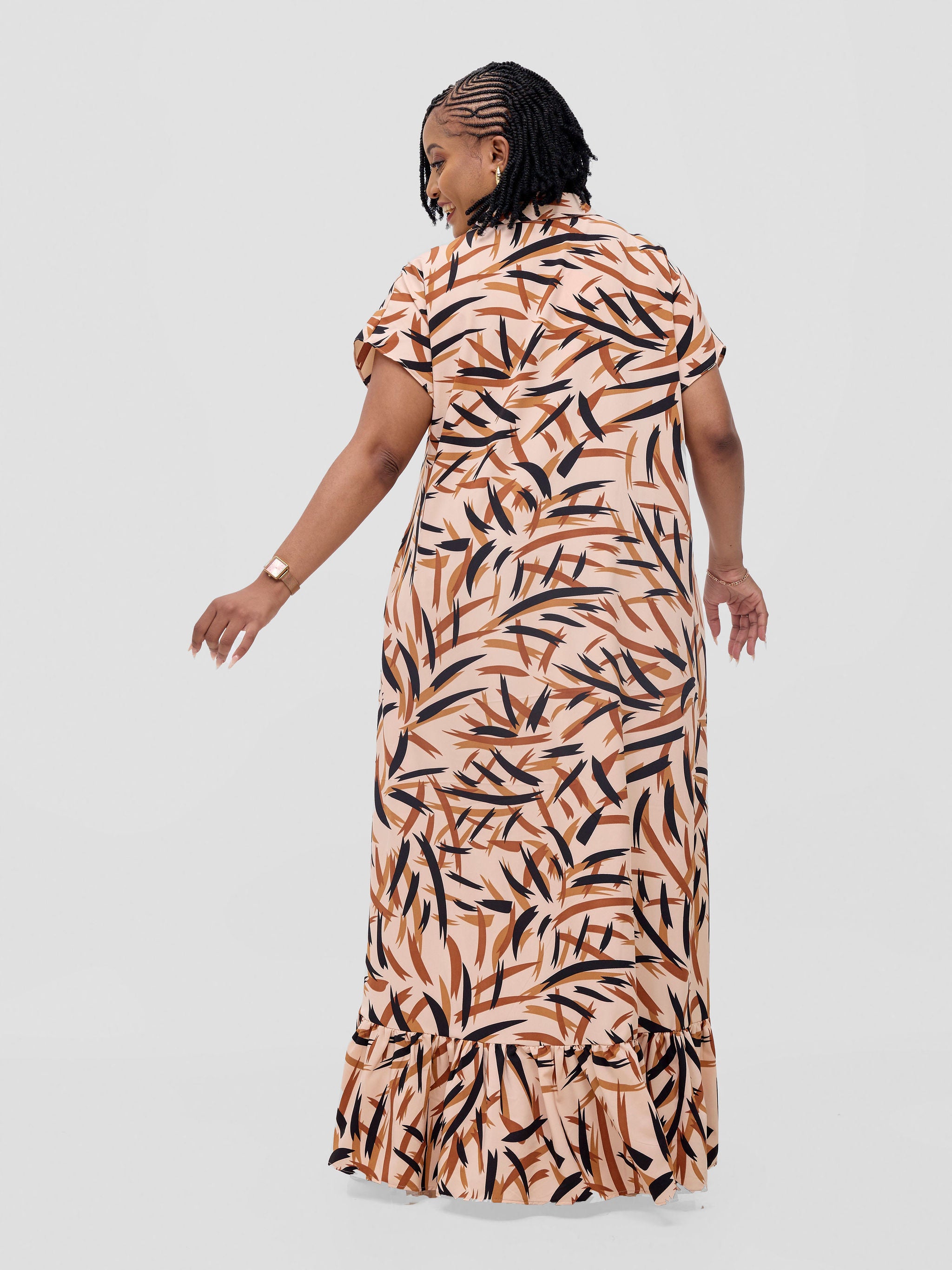 Vivo Asha Drop Shoulder Maxi Shirt Dress - Tan / Black Bia Print