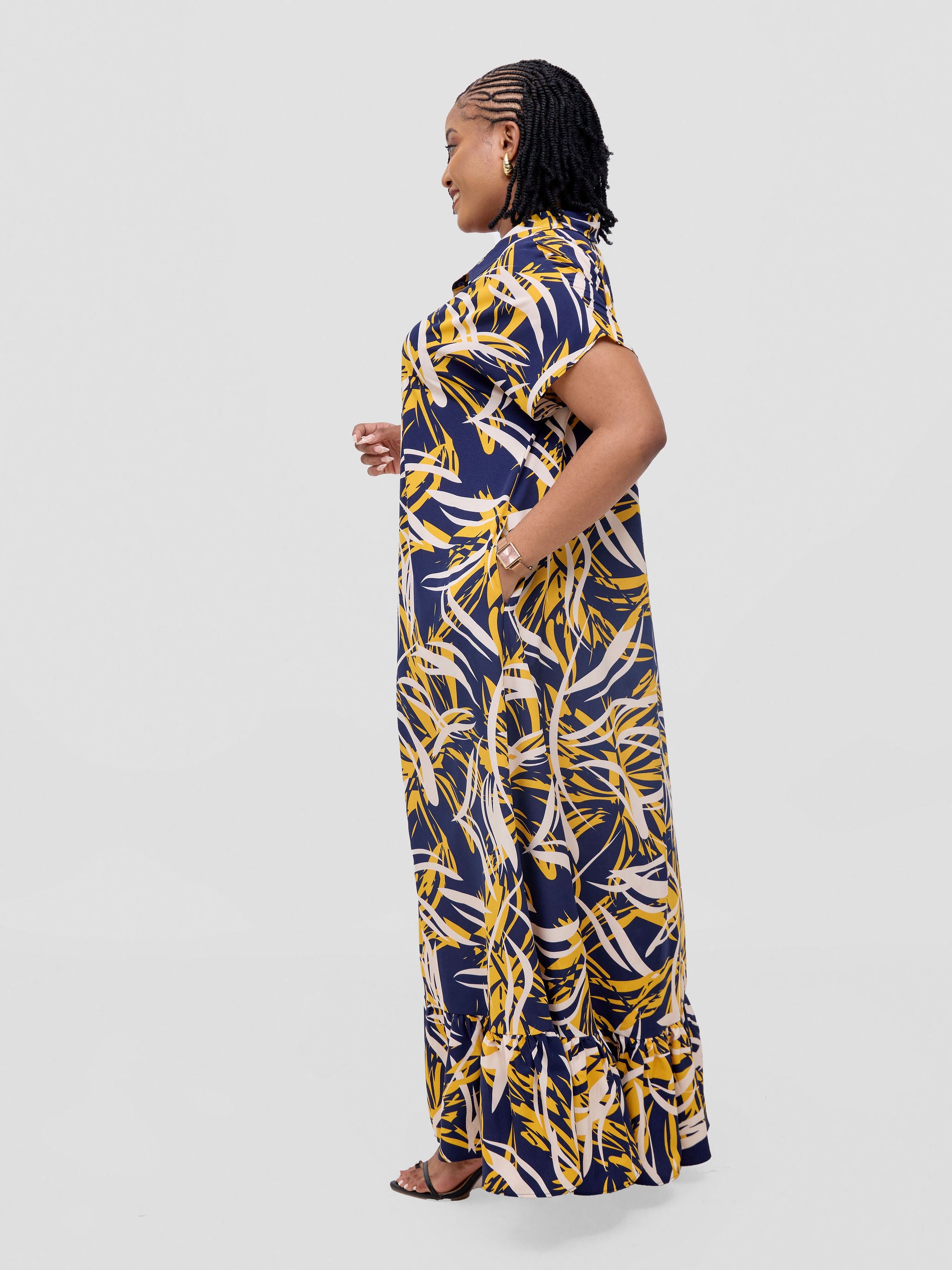 Vivo Asha Drop Shoulder Maxi Shirt Dress - Yellow / Navy Bia Print