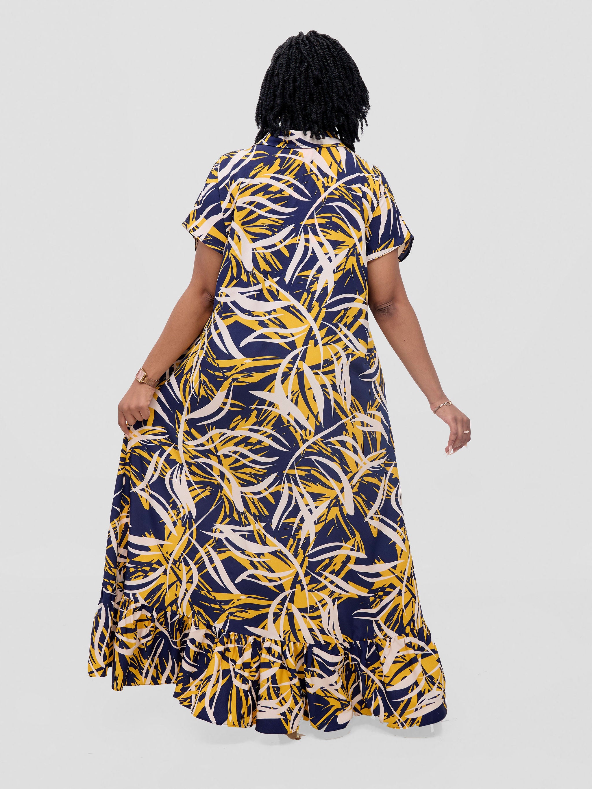 Vivo Asha Drop Shoulder Maxi Shirt Dress - Yellow / Navy Bia Print