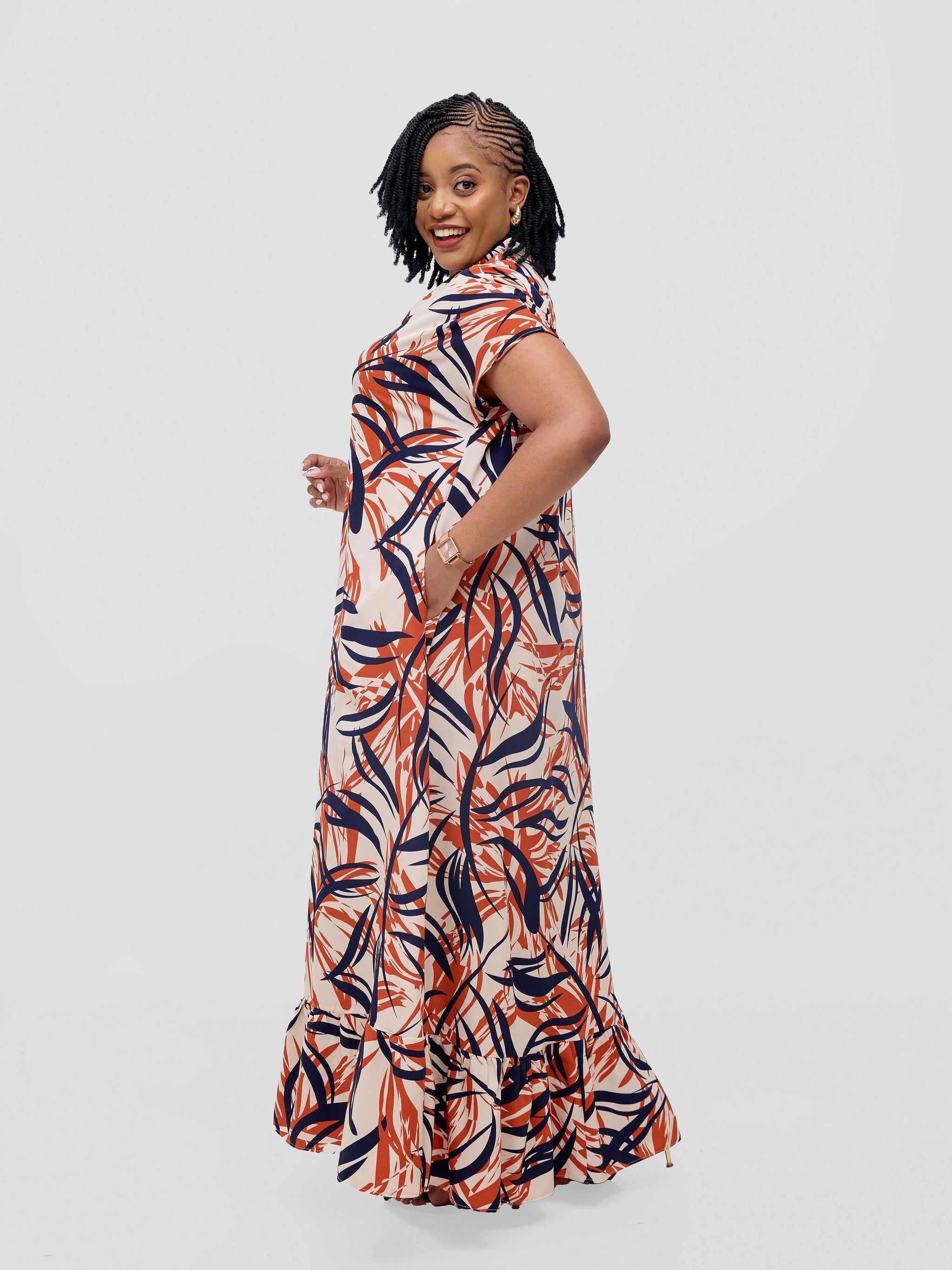 Vivo Asha Drop Shoulder Maxi Shirt Dress - Cream / Rust Bia Print