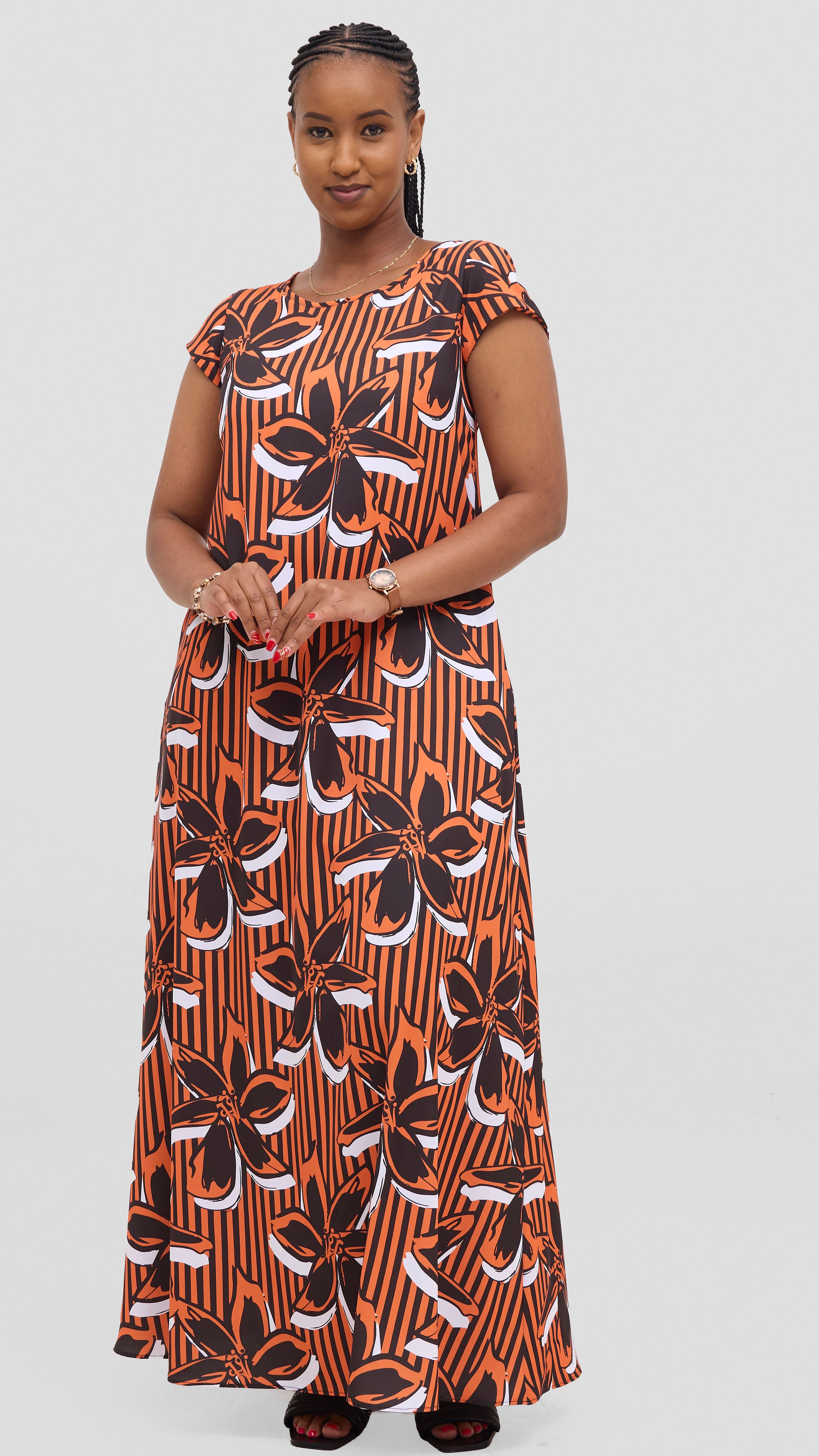 Vivo Basic Round Neck Maxi Dress - Black / Orange