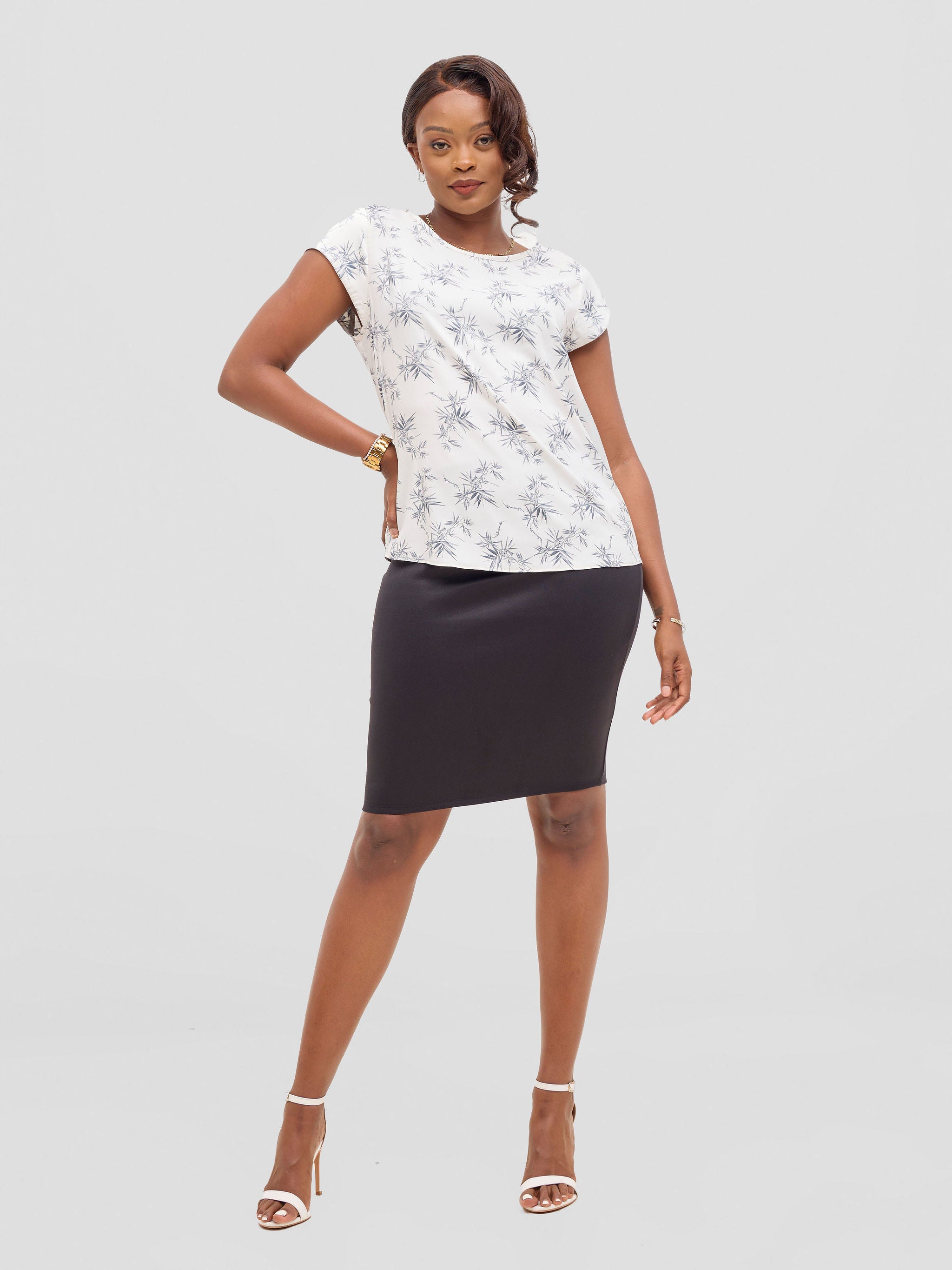 Vivo Basic Satin Cap Sleeve Top - White / Grey Bia Print