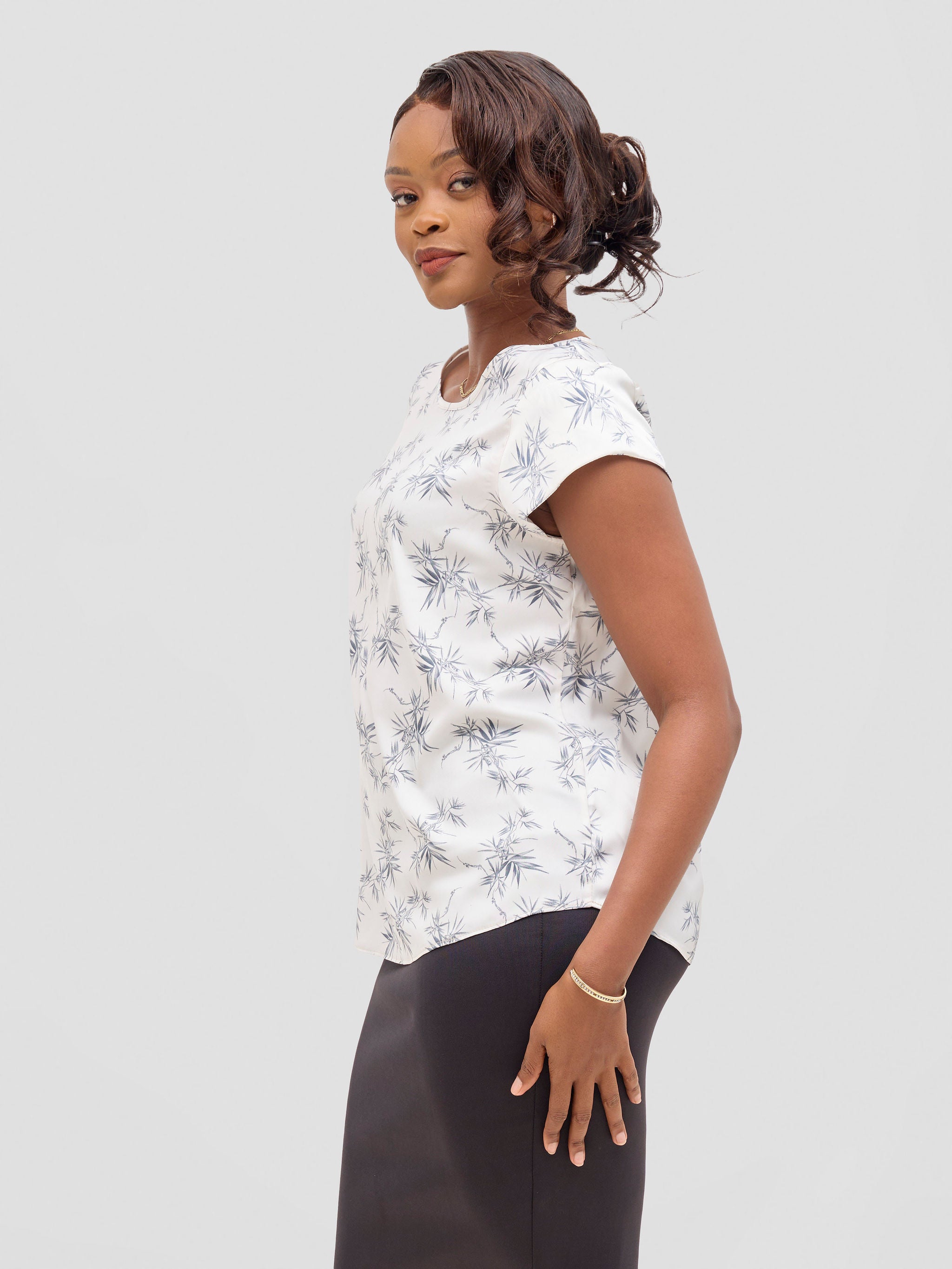 Vivo Basic Satin Cap Sleeve Top - White / Grey Bia Print