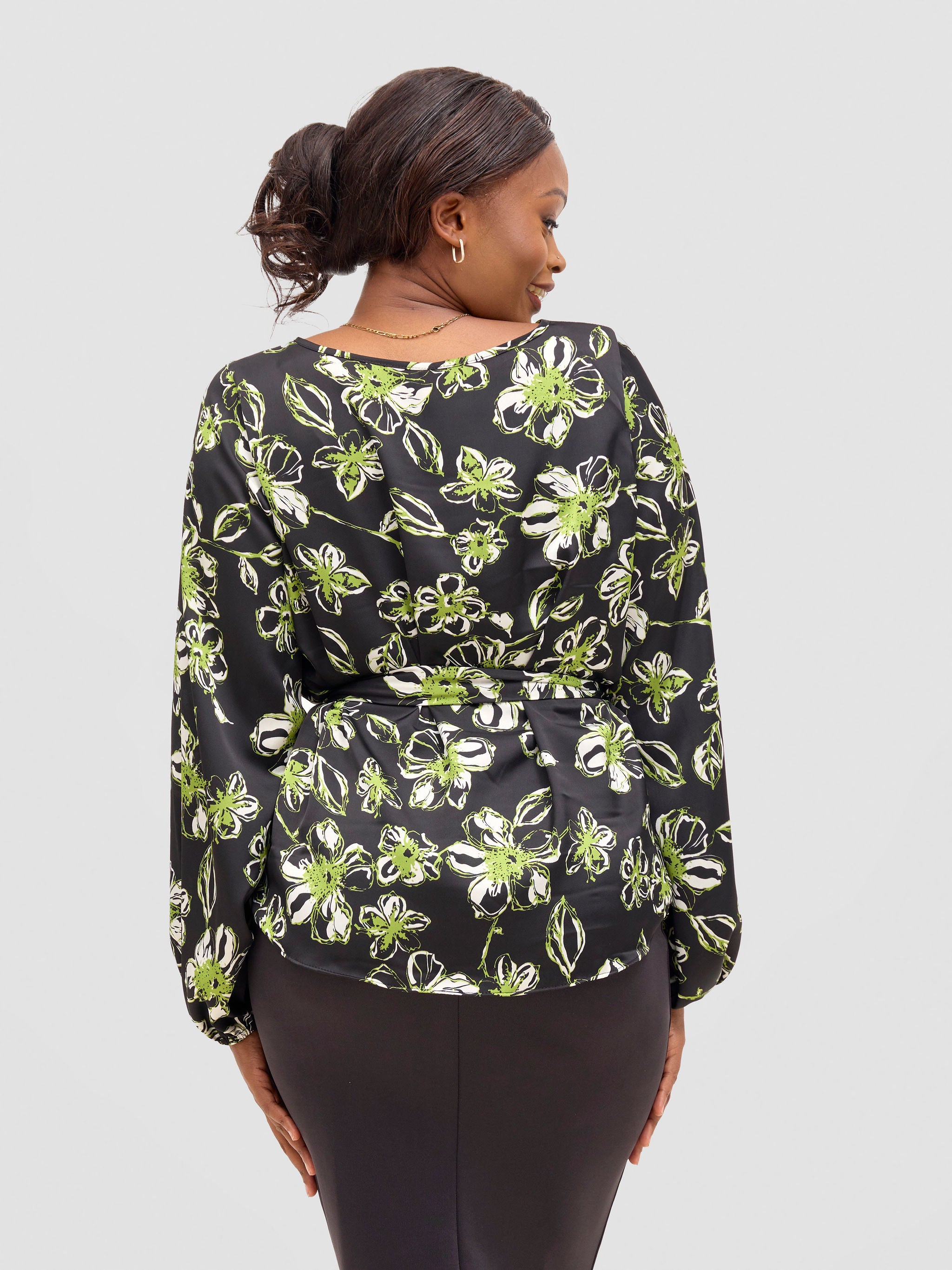 Vivo Basic Satin Bishop Sleeved Top - Black / Green Bai Print