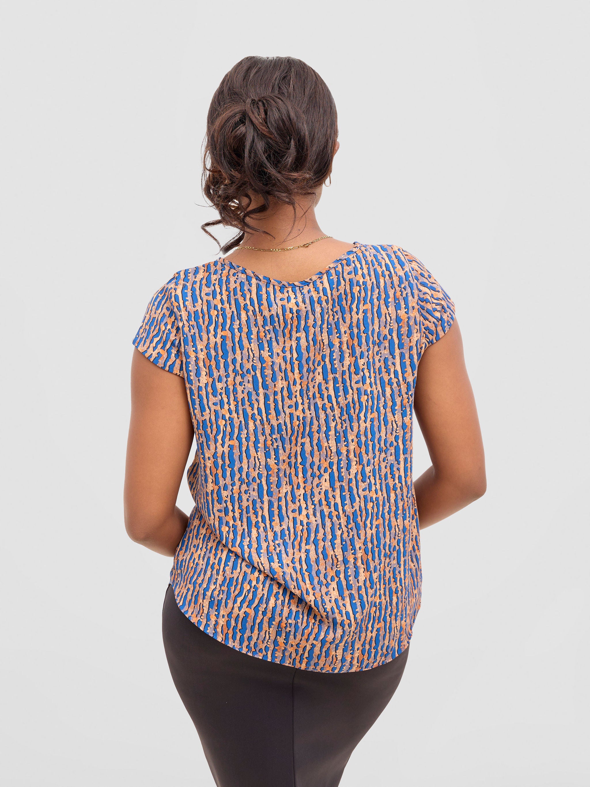Vivo Basic Chiffon Cap Sleeve Top (Double Layered) - Blue / Rust Print