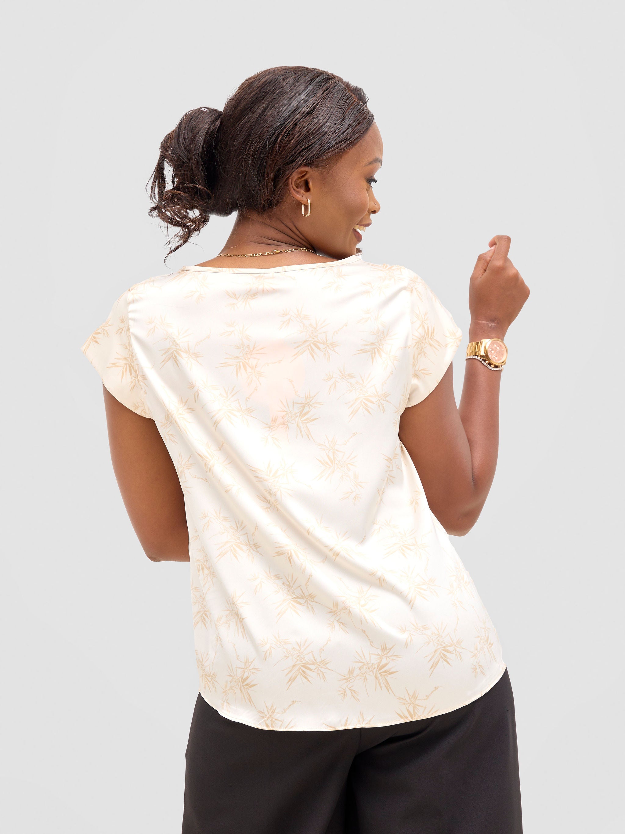 Vivo Basic Satin Cap Sleeve Top - White / Olive Bia Print