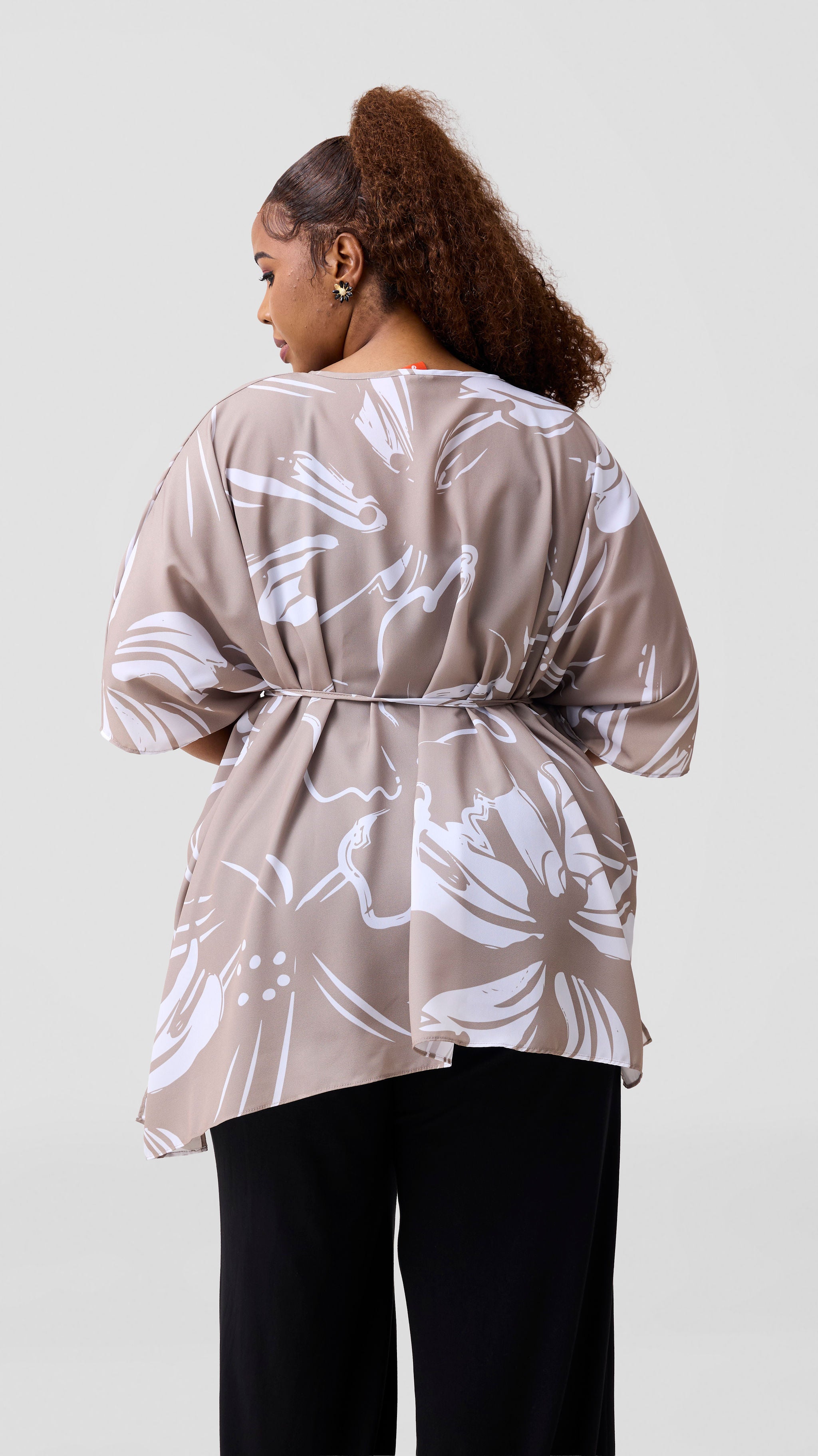 Vivo Basic Chiffon Tie Kaftan Top - Dark Tan / White Nisa Print