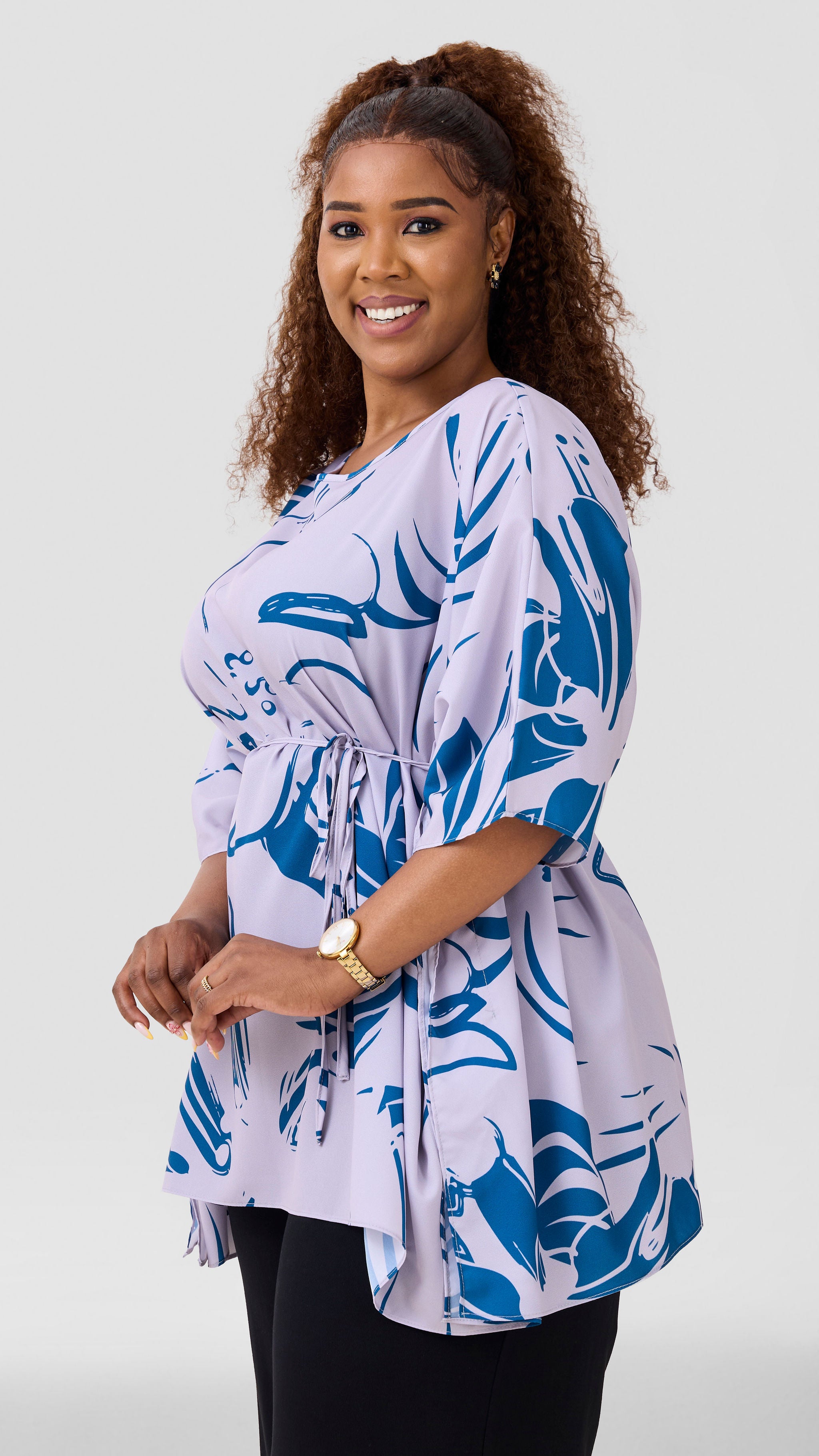 Vivo Basic Chiffon Tie Kaftan Top - Light Taupe / Dark Teal Nisa Print