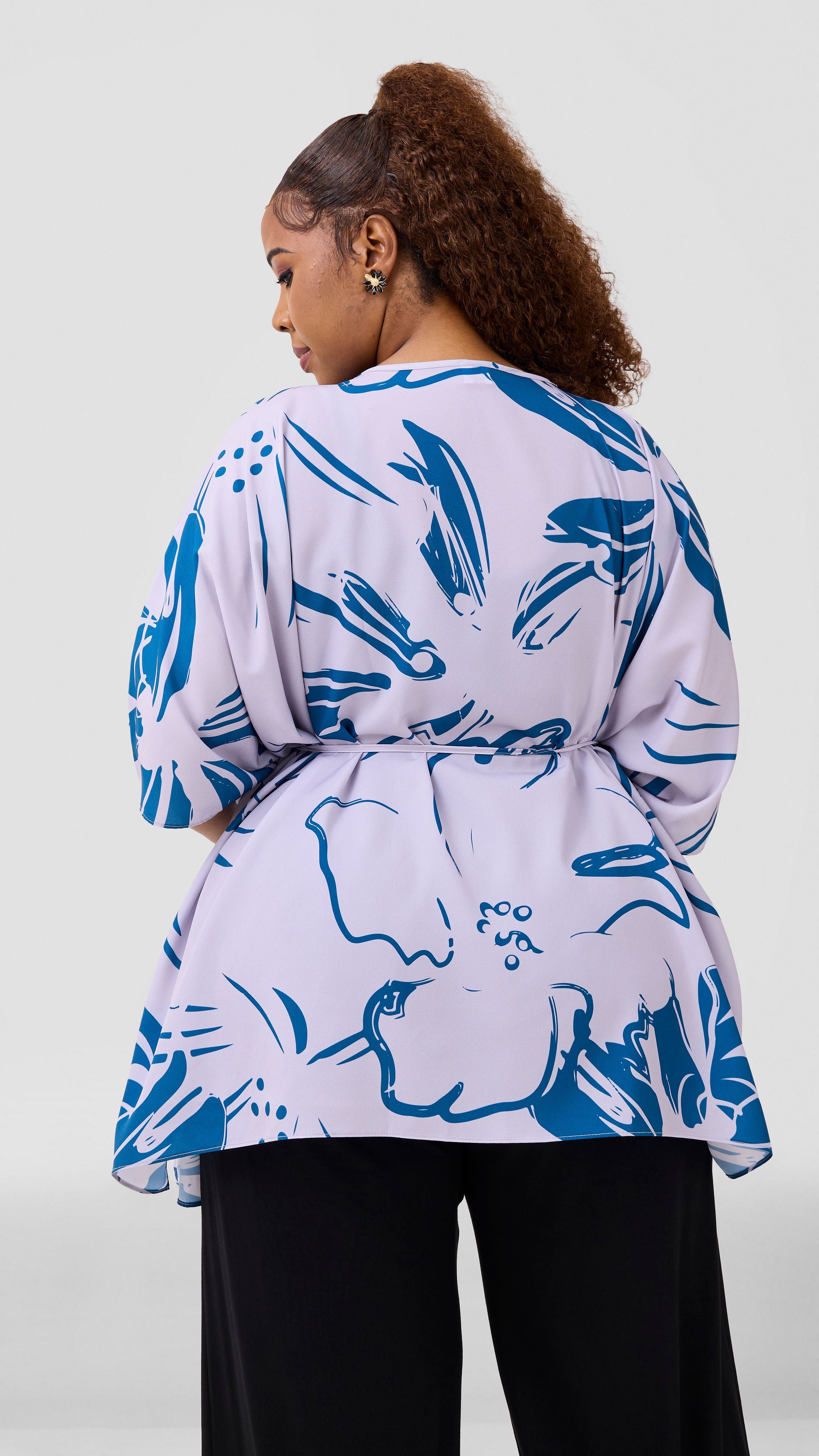 Vivo Basic Chiffon Tie Kaftan Top - Light Taupe / Dark Teal Nisa Print