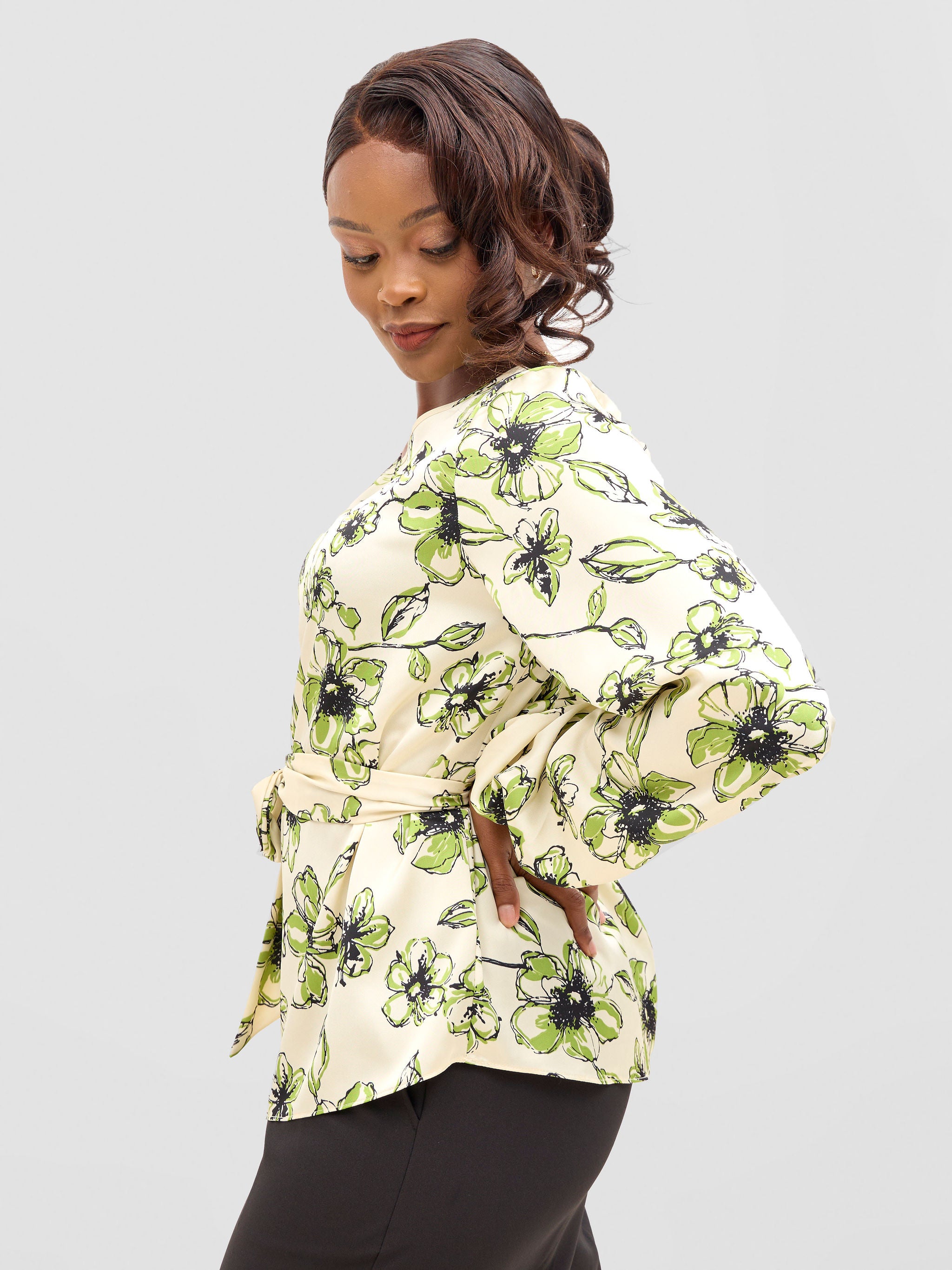 Vivo Basic Satin Bishop Sleeved Top - Beige / Green Bai Print