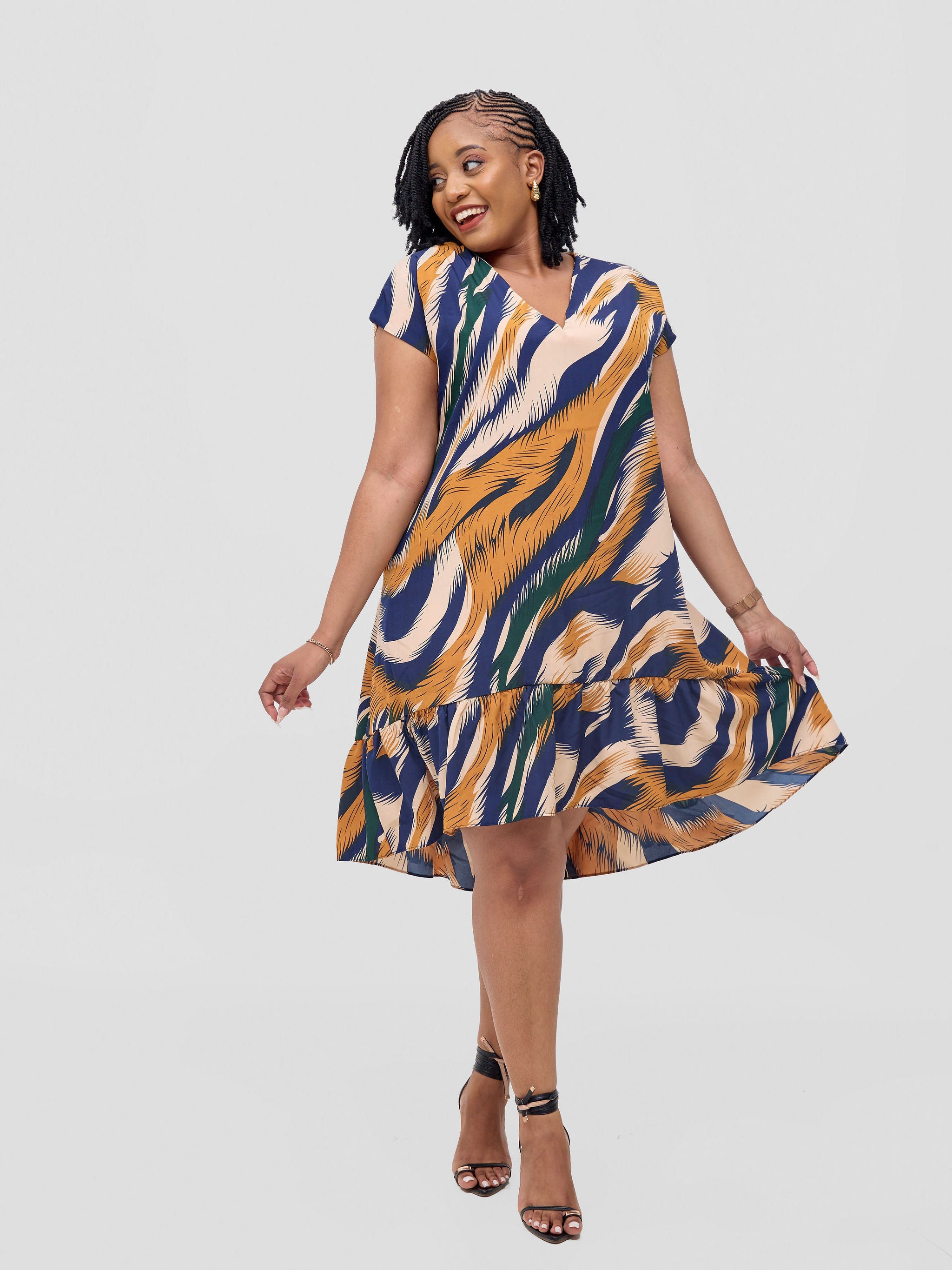 Vivo Asha Drop Shoulder Knee Length Dress - Navy Aku Print