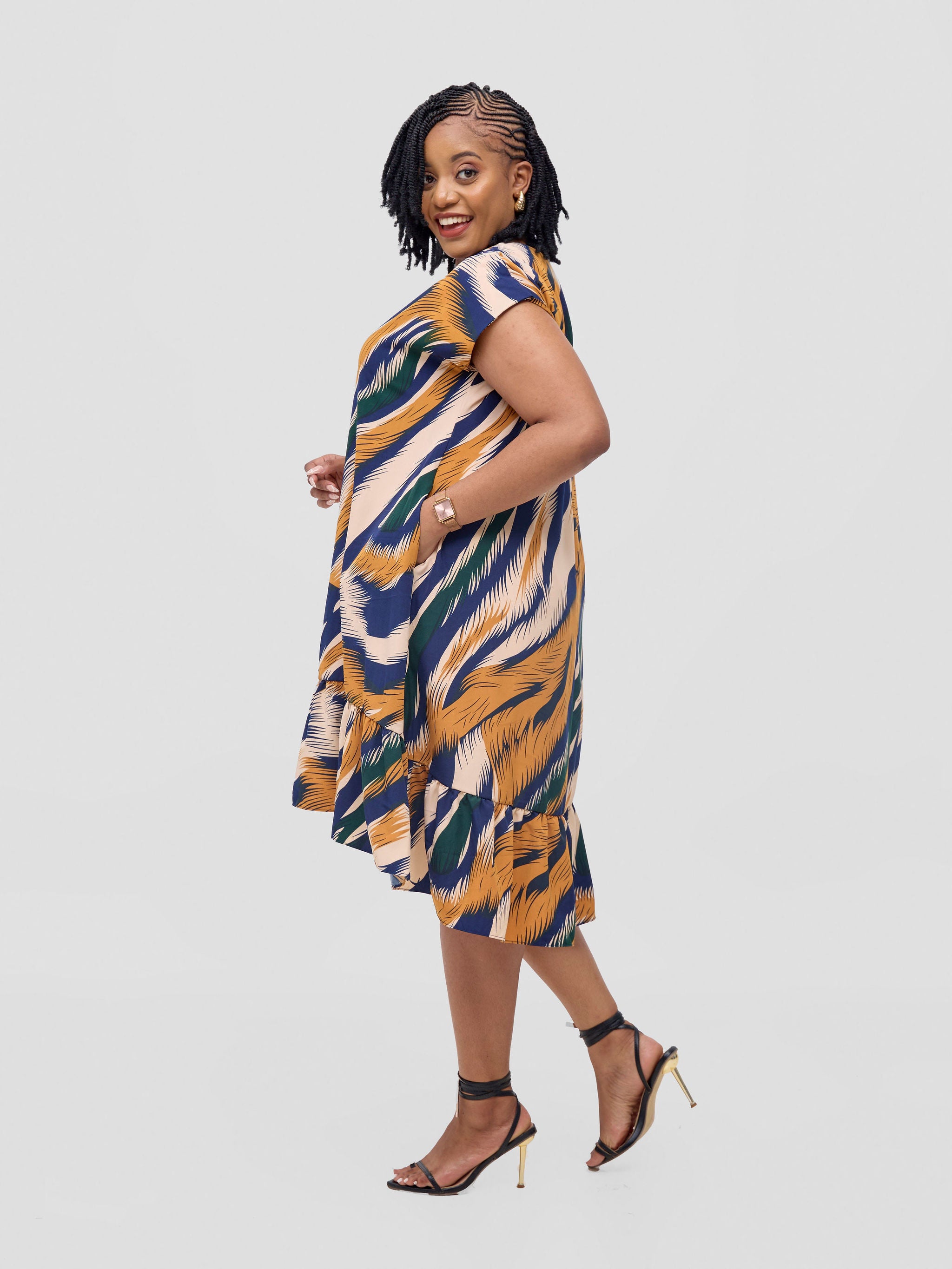 Vivo Asha Drop Shoulder Knee Length Dress - Navy Aku Print