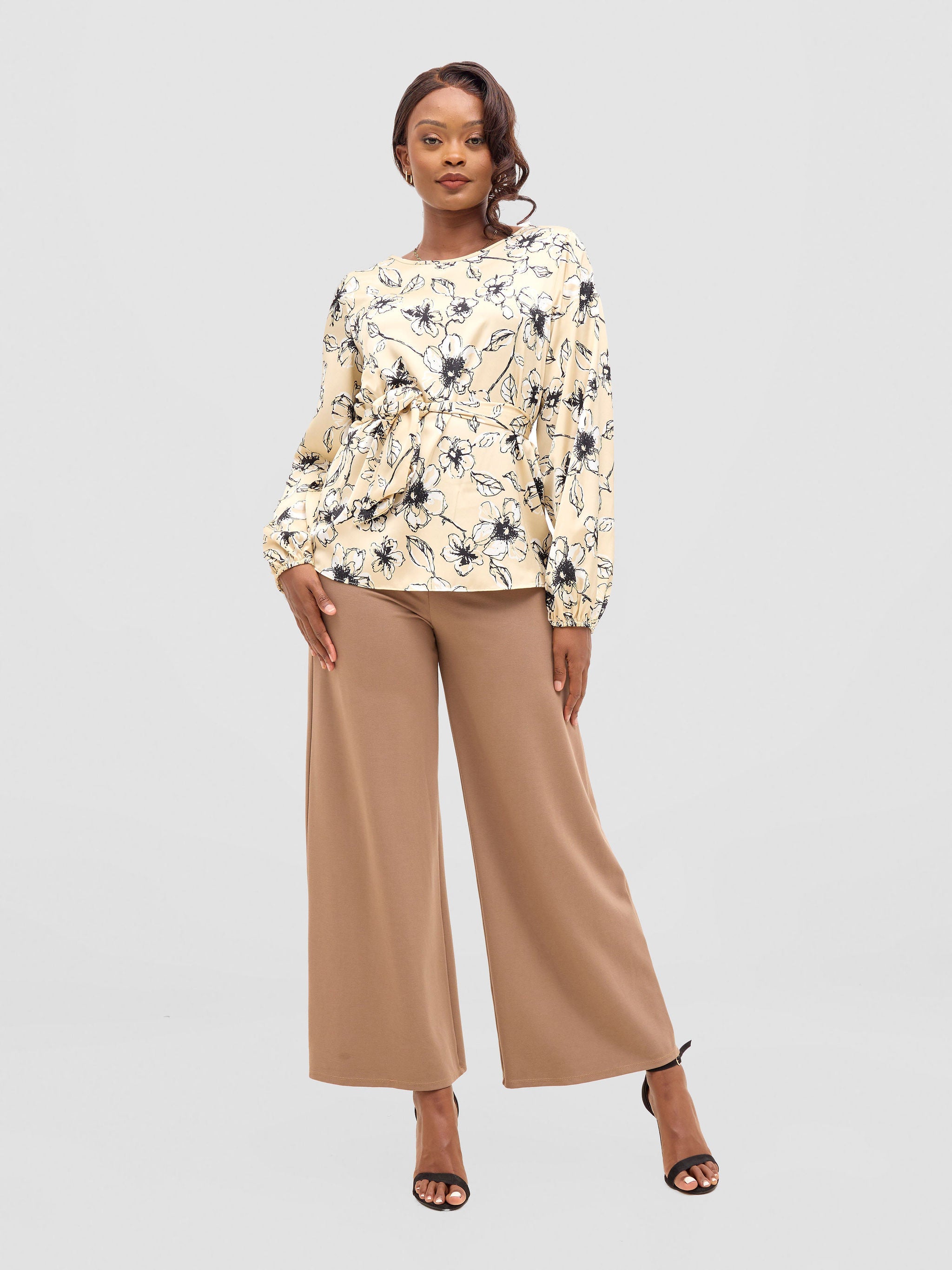 Vivo Basic Satin Bishop Sleeved Top - Beige / Black Bai Print