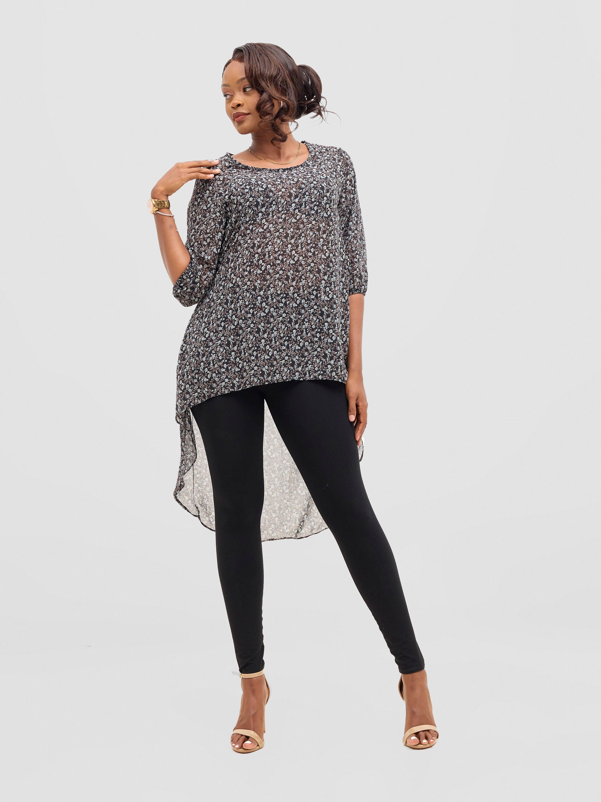 Vivo Basic Nalia High-low Chiffon Top - Black / Blue Print