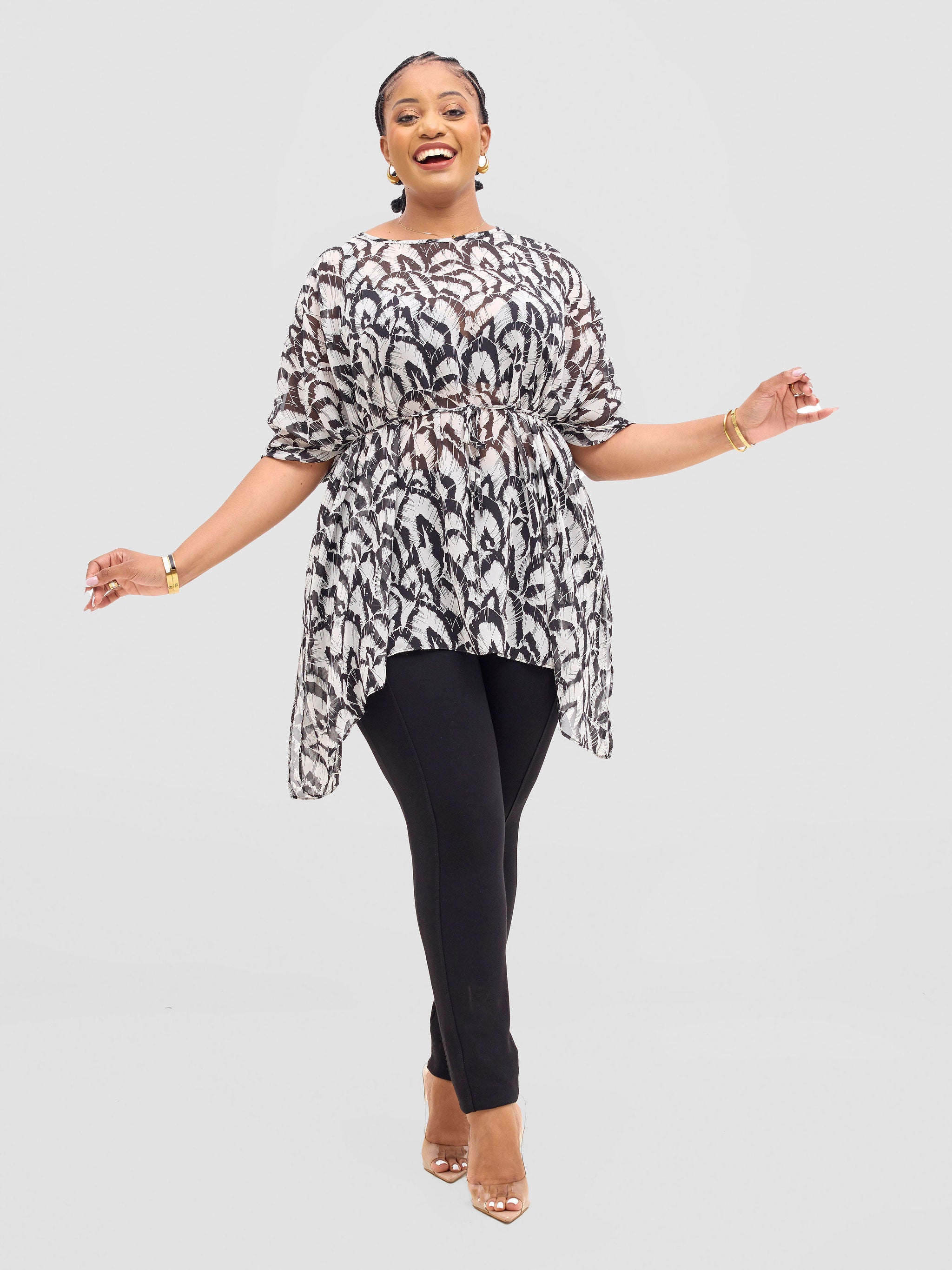 Vivo Basic Chiffon Tie Kaftan Top - Black / White Lola Print