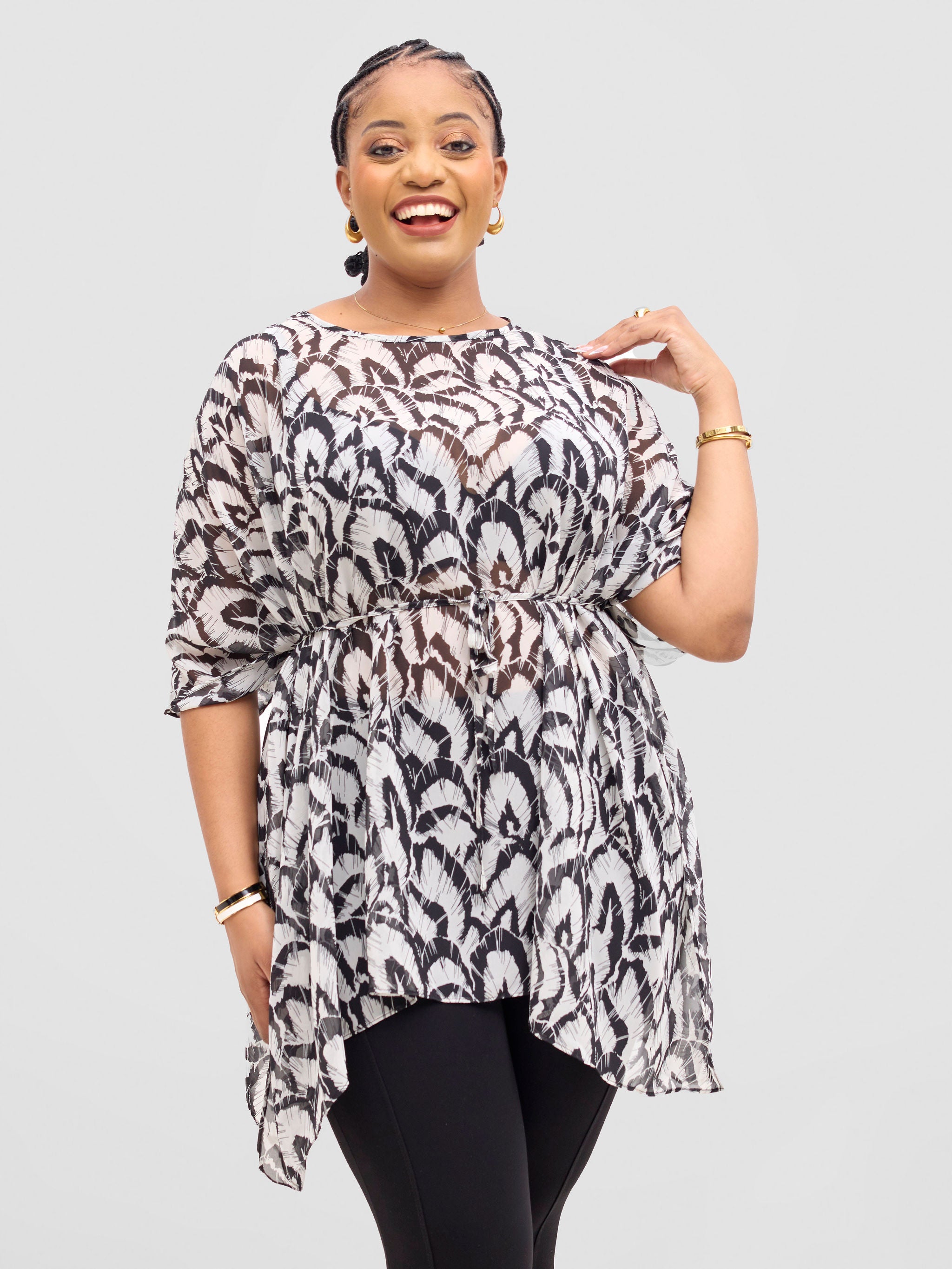 Vivo Basic Chiffon Tie Kaftan Top - Black / White Lola Print