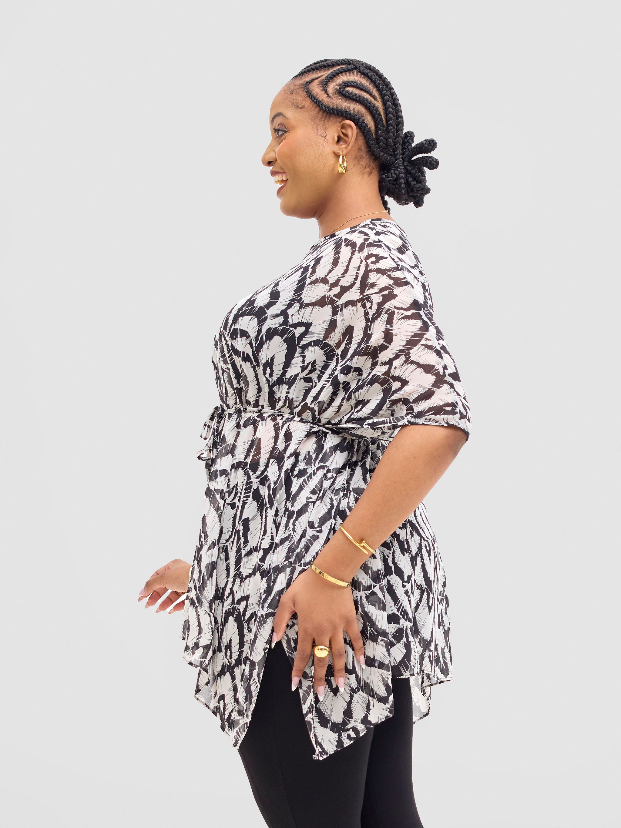 Vivo Basic Chiffon Tie Kaftan Top - Black / White Lola Print