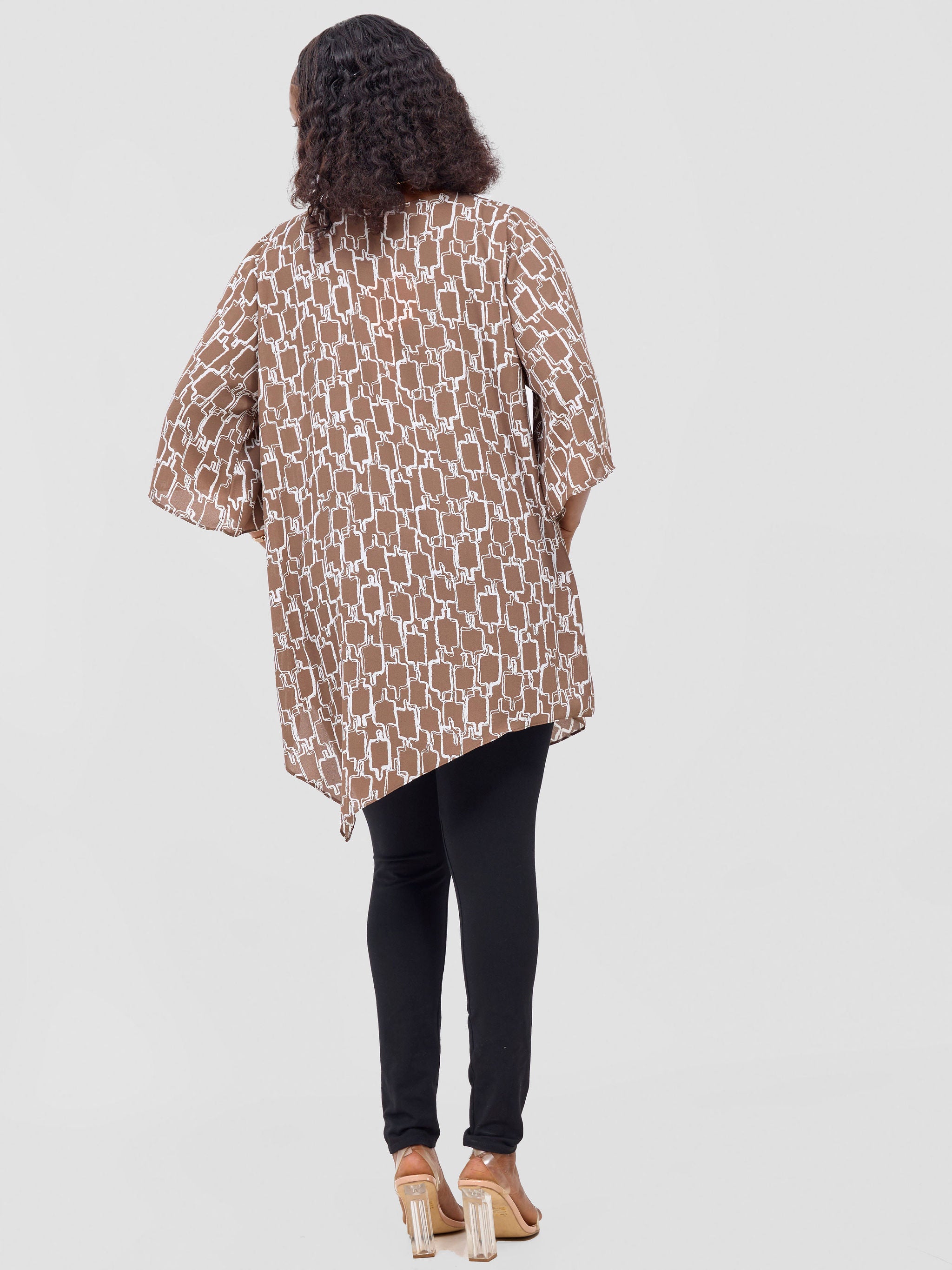 Vivo Basic Tsavo Scalloped Chiffon Top - Cream / Brown Print