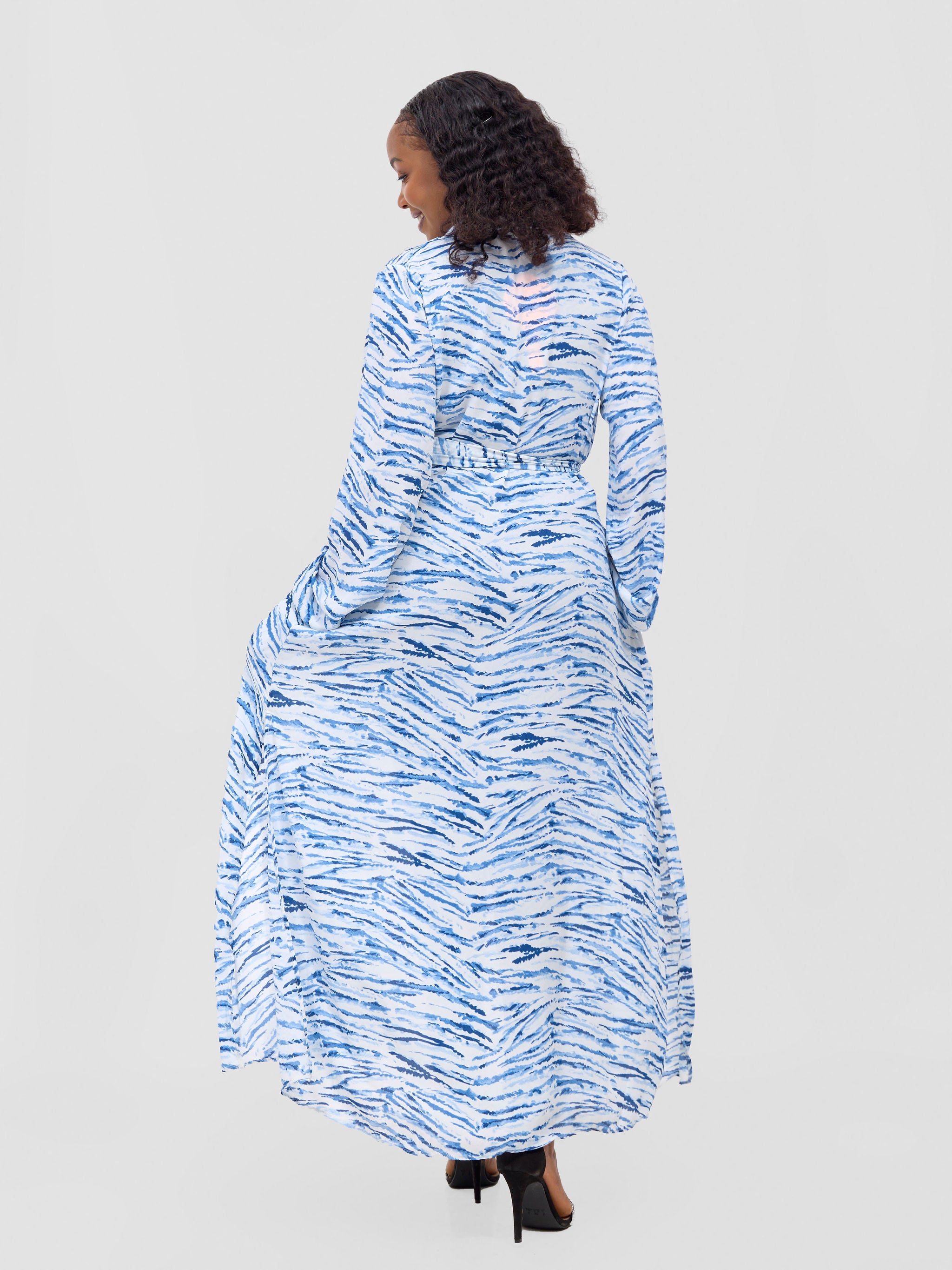 Vivo Sana Long Sleeved Maxi cover-Up -  White /Blue Animal stripes Print