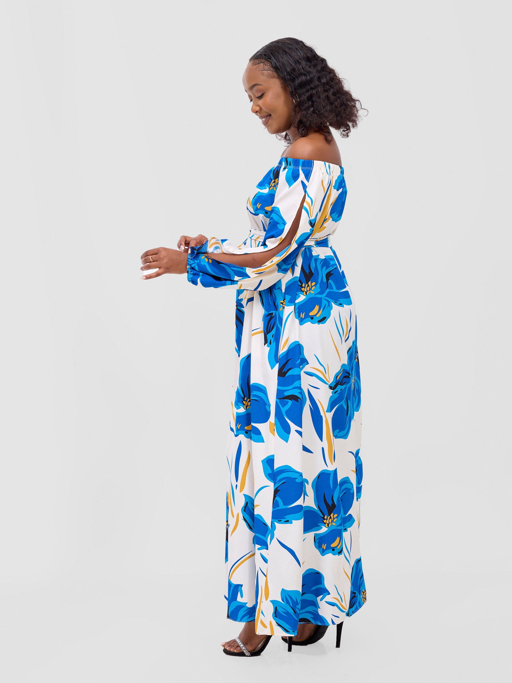 Vivo Yumi Off Shoulder Maxi Dress - Blue / Navy Kigali Print