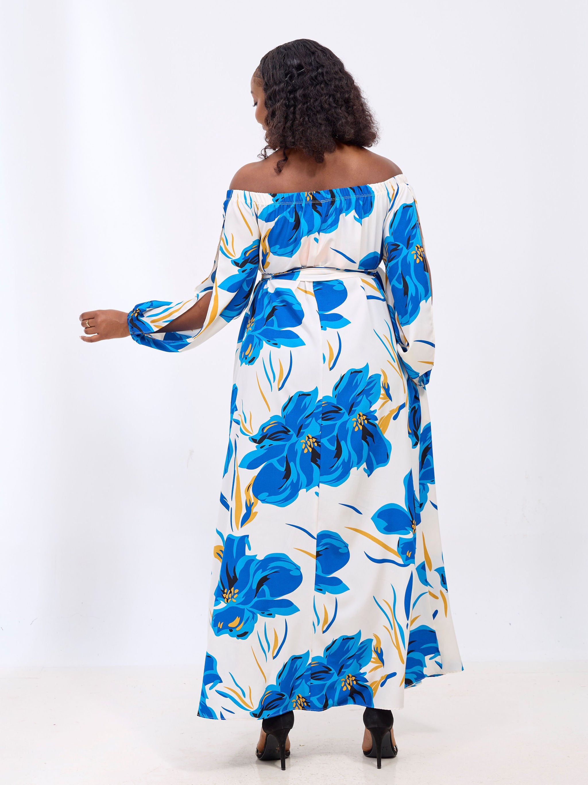 Vivo Yumi Off Shoulder Maxi Dress - Blue / Navy Kigali Print