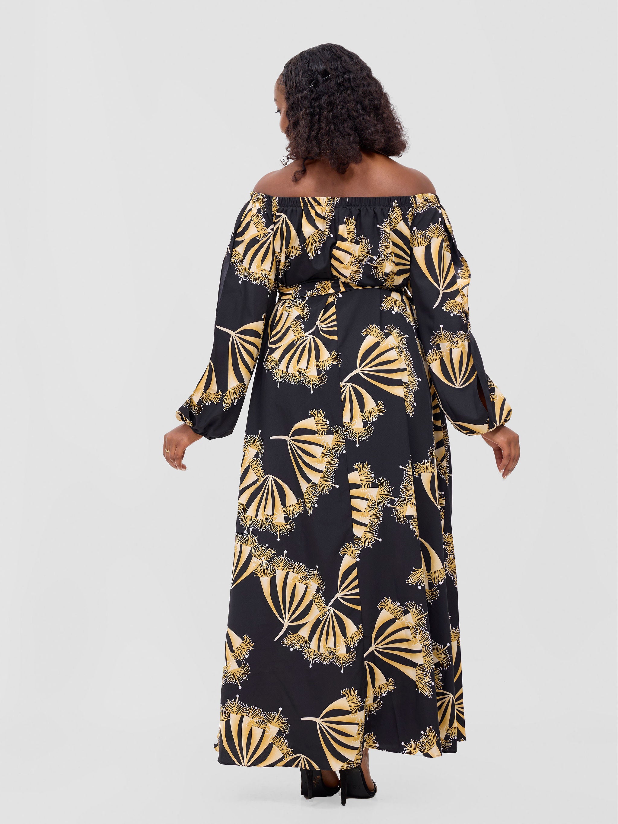 Vivo Yumi Off Shoulder Maxi Dress - Black / Brown Kigali Print