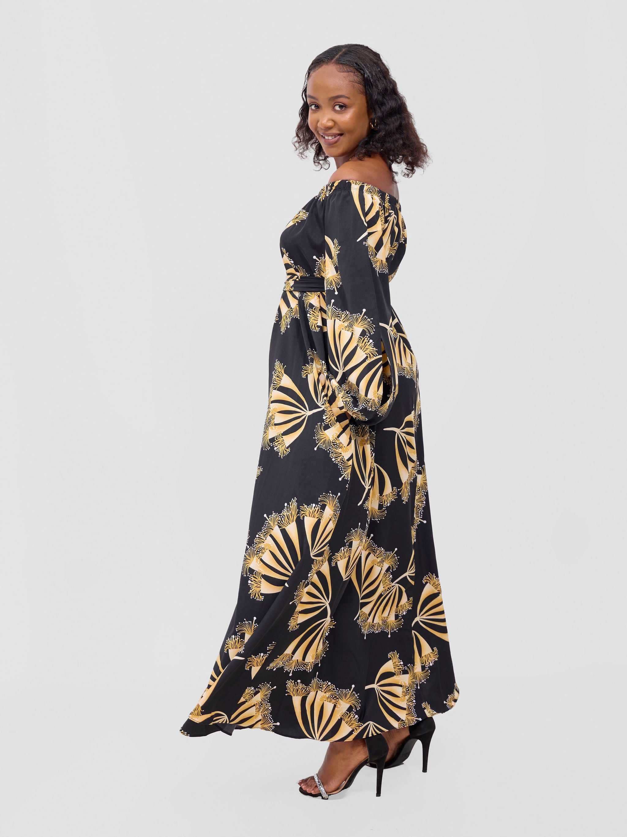 Vivo Yumi Off Shoulder Maxi Dress - Black / Brown Kigali Print