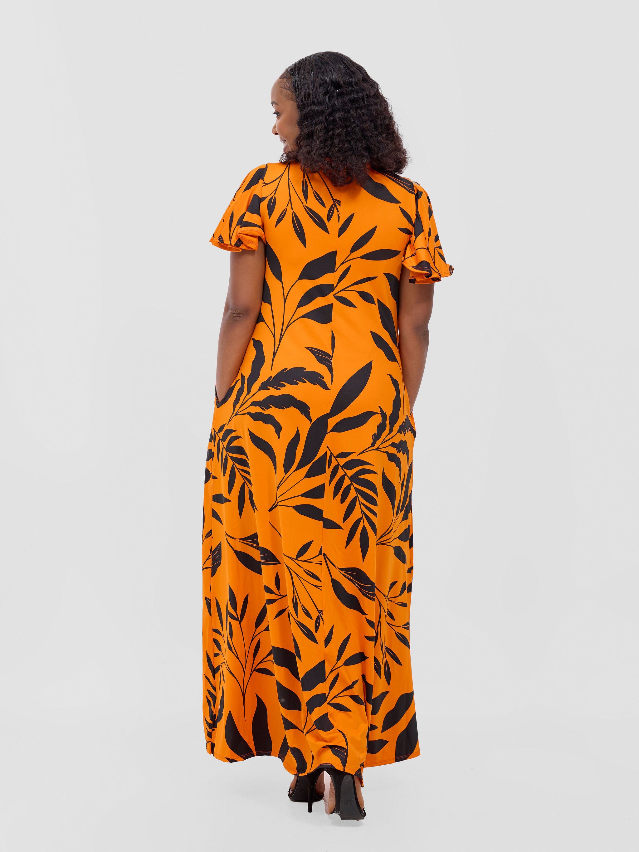 Vivo Ruwa Flounce Sleeve Tent Maxi Dress - Orange / Black Ua Print