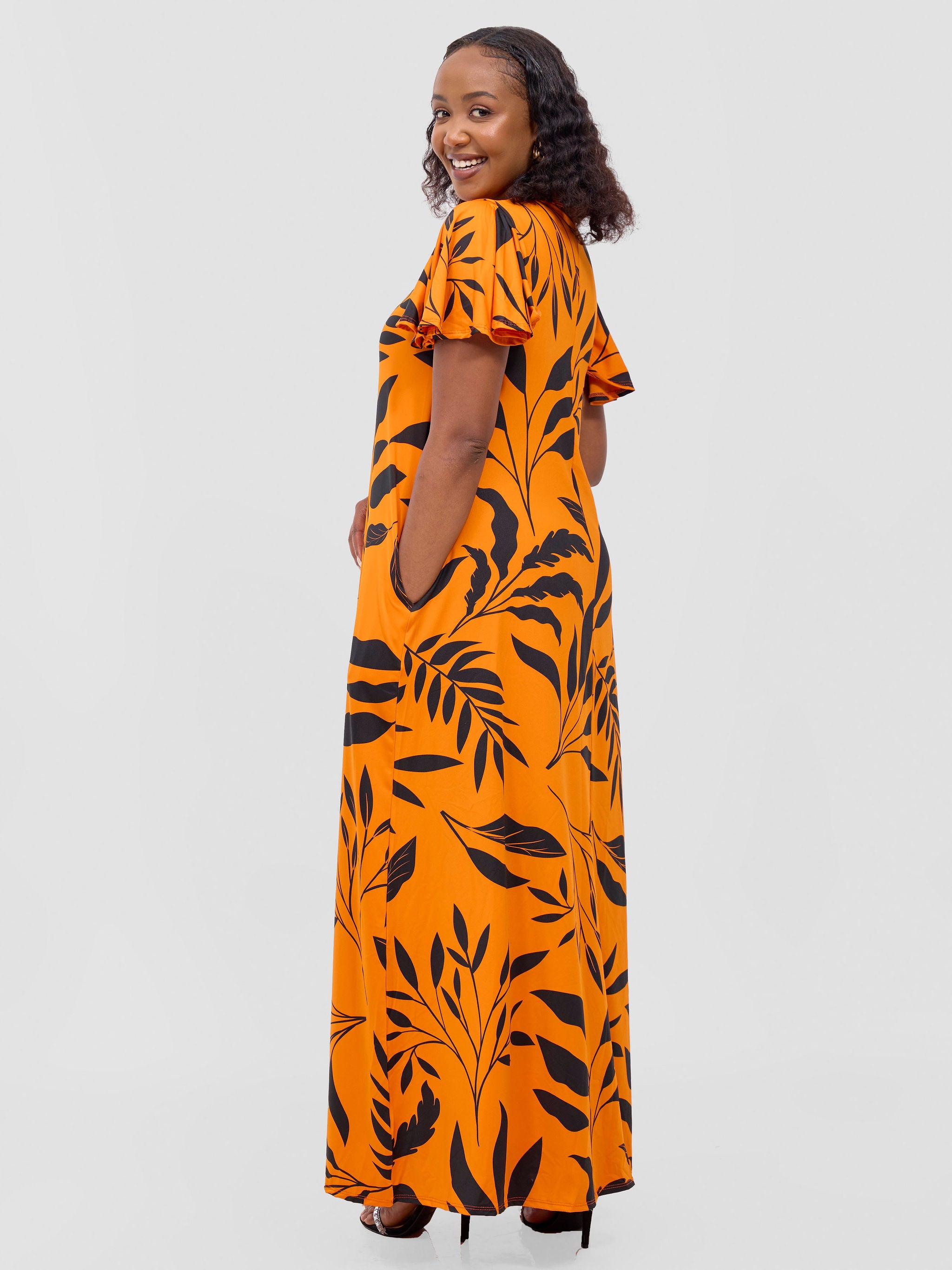 Vivo Ruwa Flounce Sleeve Tent Maxi Dress - Orange / Black Ua Print