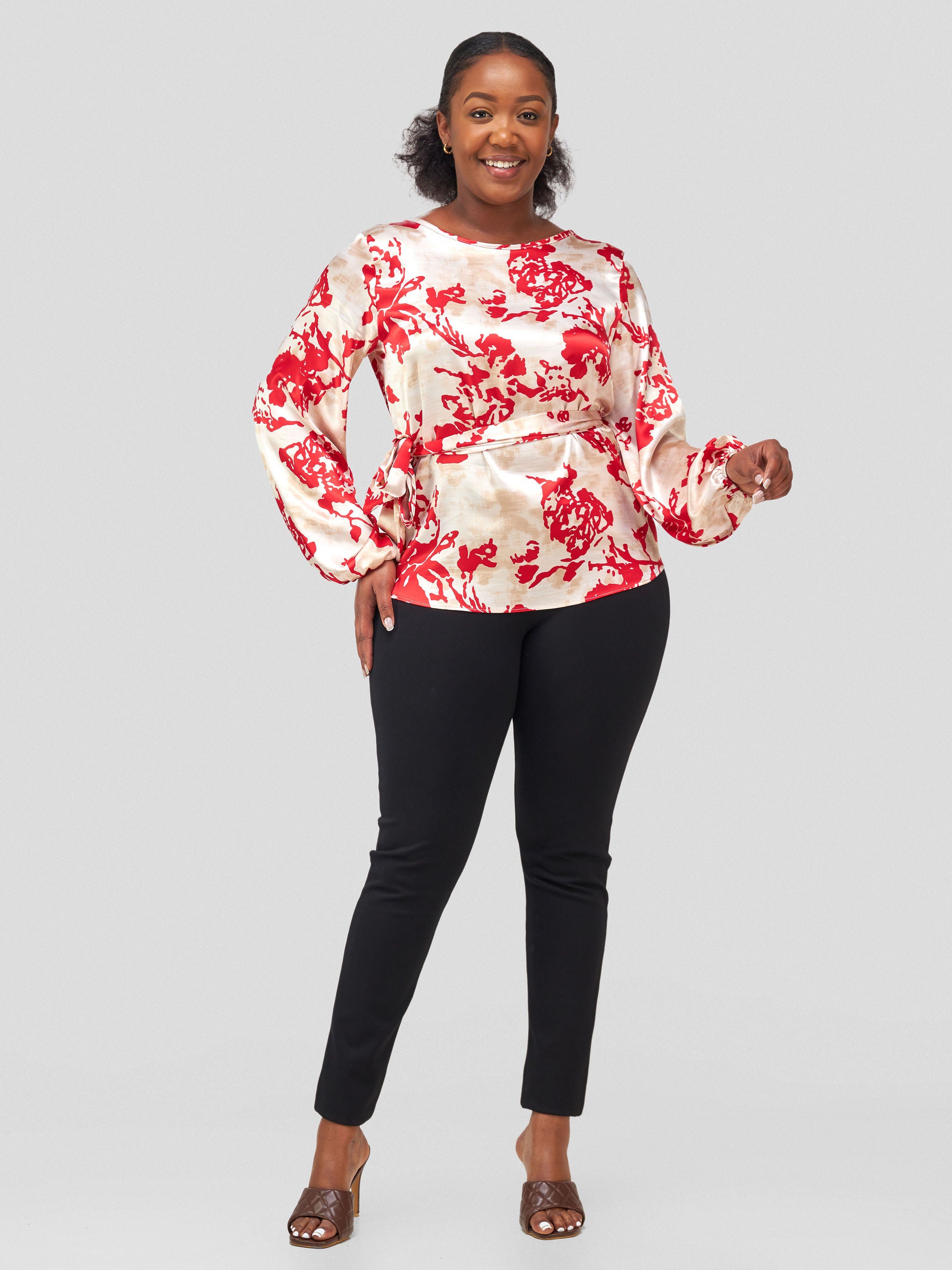 Vivo Basic Satin Bishop Sleeved Top - Taupe / Red Abstract Print