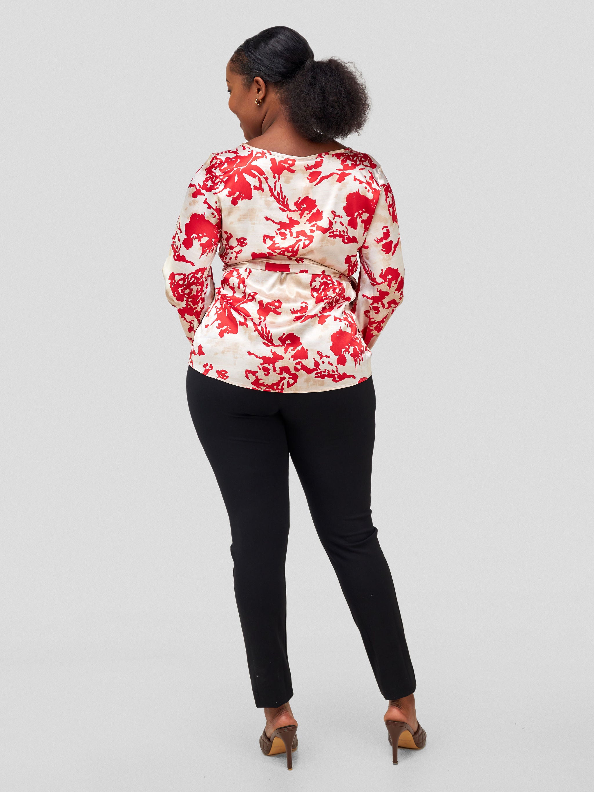 Vivo Basic Satin Bishop Sleeved Top - Taupe / Red Abstract Print