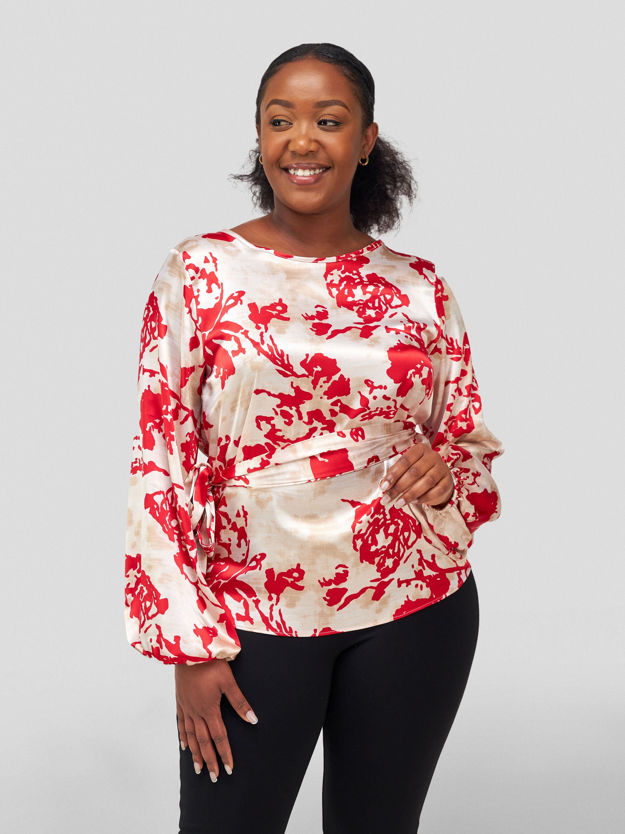 Vivo Basic Satin Bishop Sleeved Top - Taupe / Red Abstract Print